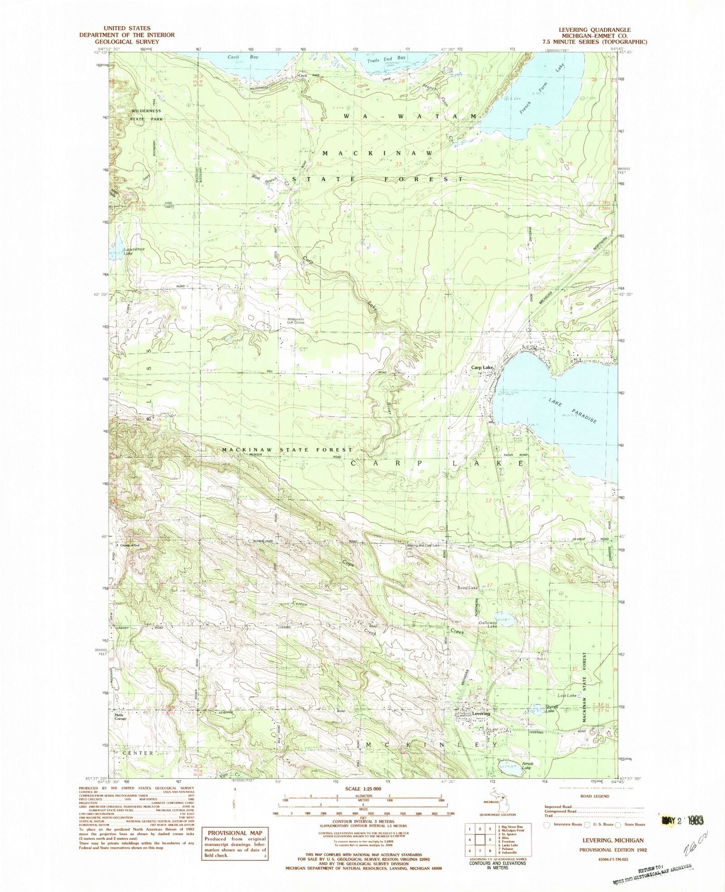 Classic USGS Levering Michigan 7.5'x7.5' Topo Map Image
