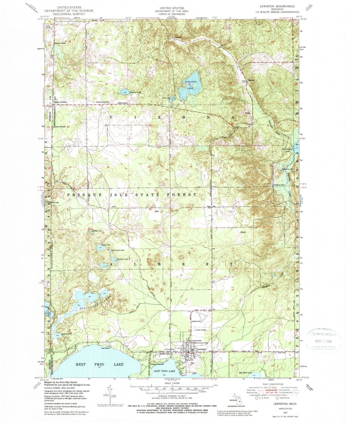 Classic USGS Lewiston Michigan 7.5'x7.5' Topo Map Image