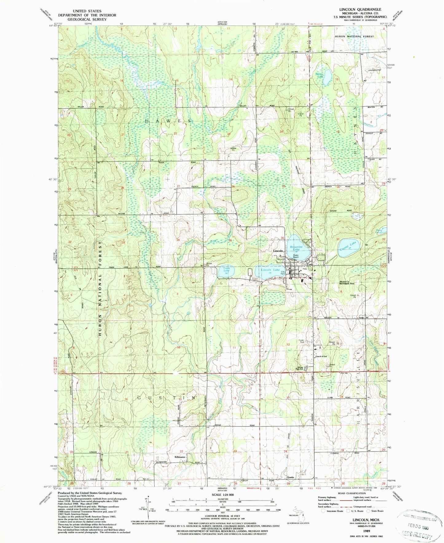 Classic USGS Lincoln Michigan 7.5'x7.5' Topo Map Image