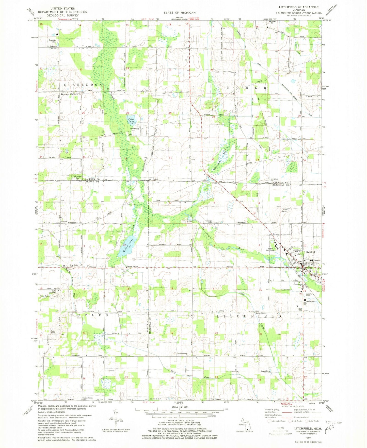 Classic USGS Litchfield Michigan 7.5'x7.5' Topo Map Image