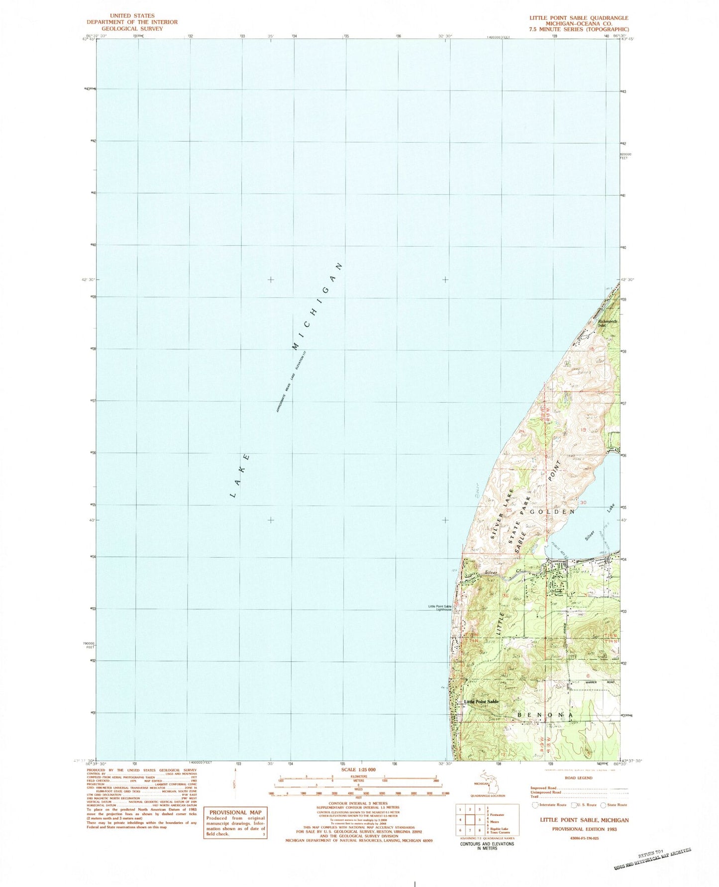 Classic USGS Little Point Sable Michigan 7.5'x7.5' Topo Map Image