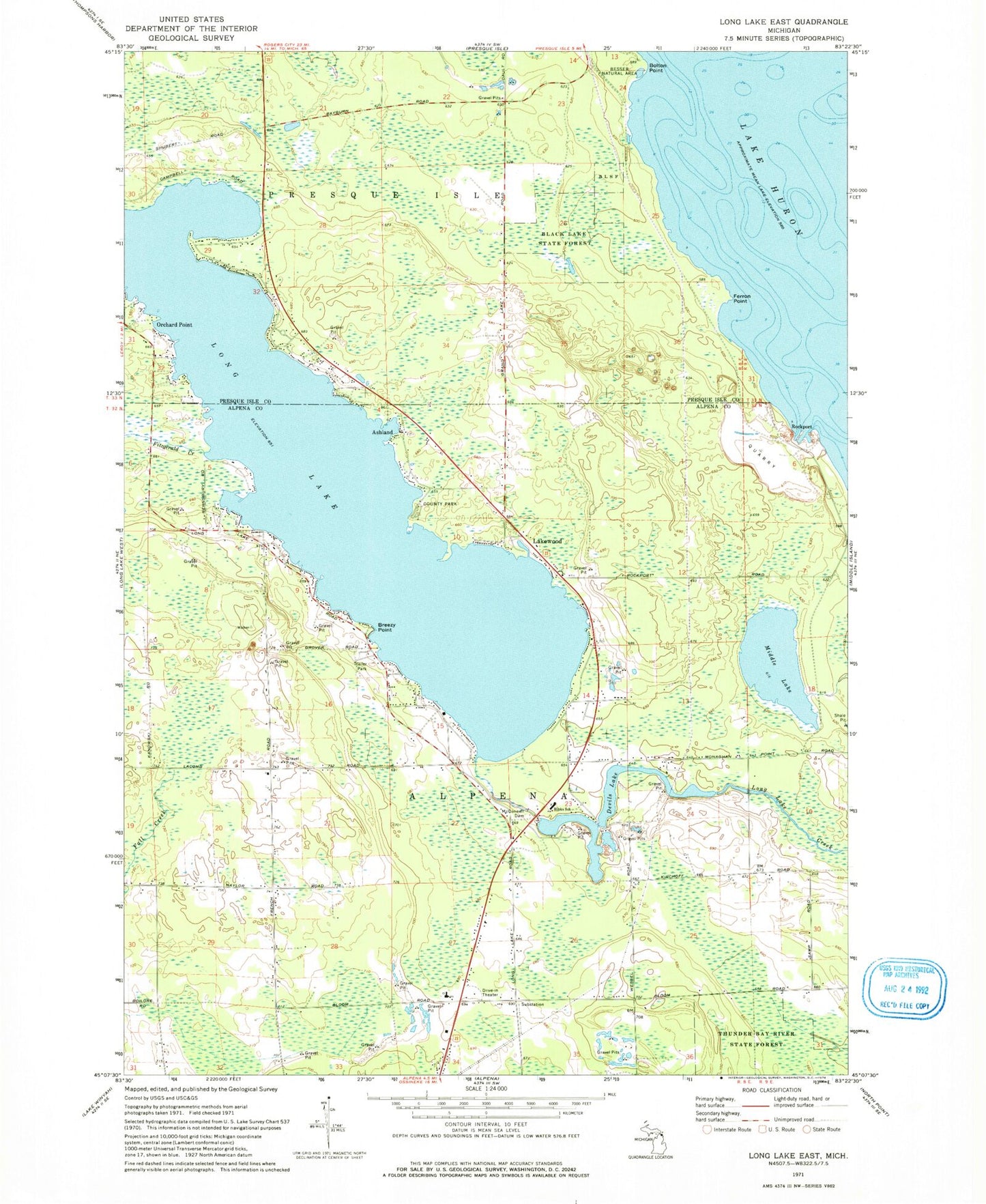 Classic USGS Long Lake East Michigan 7.5'x7.5' Topo Map Image