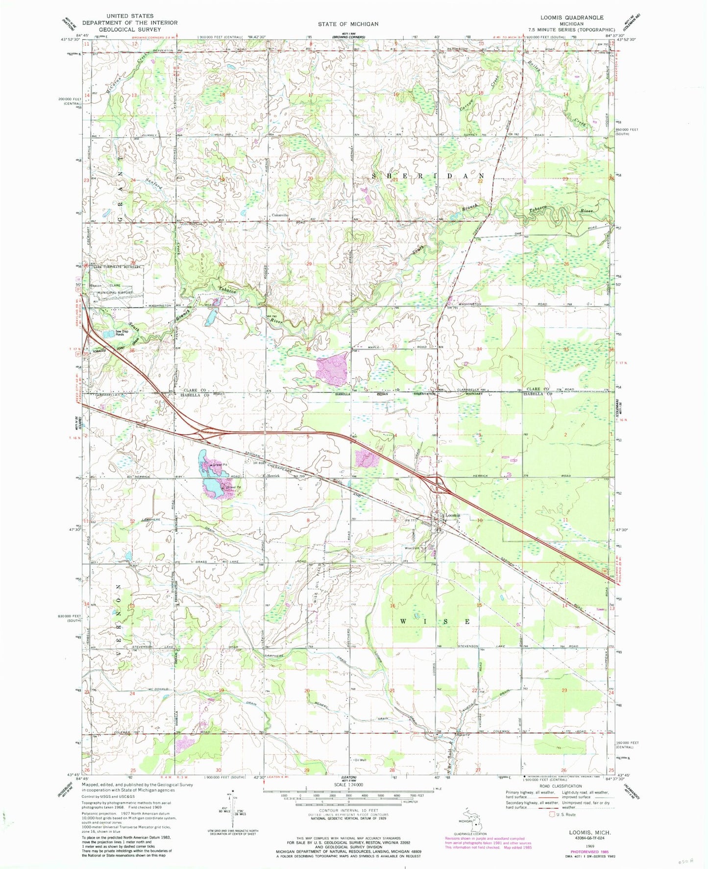 Classic USGS Loomis Michigan 7.5'x7.5' Topo Map Image