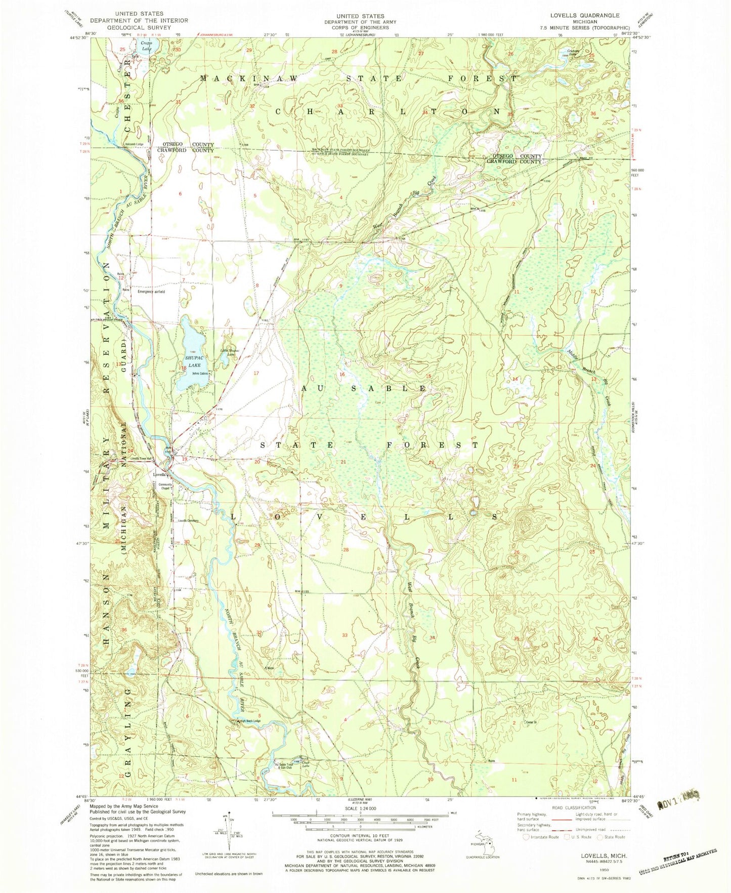 Classic USGS Lovells Michigan 7.5'x7.5' Topo Map Image