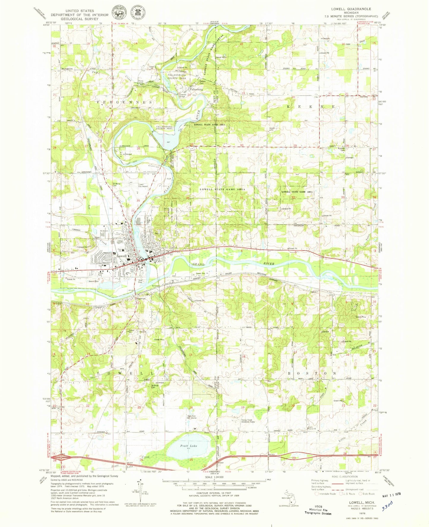 Classic USGS Lowell Michigan 7.5'x7.5' Topo Map Image