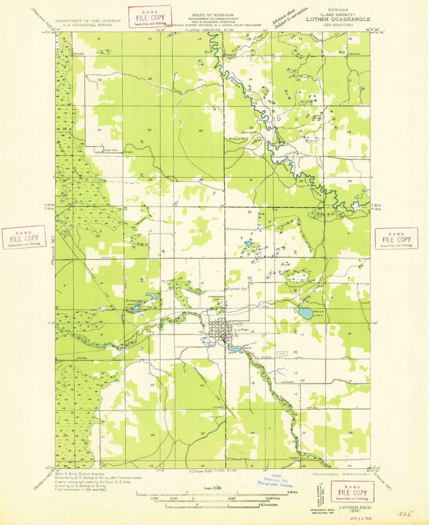 Classic USGS Luther Michigan 7.5'x7.5' Topo Map Image