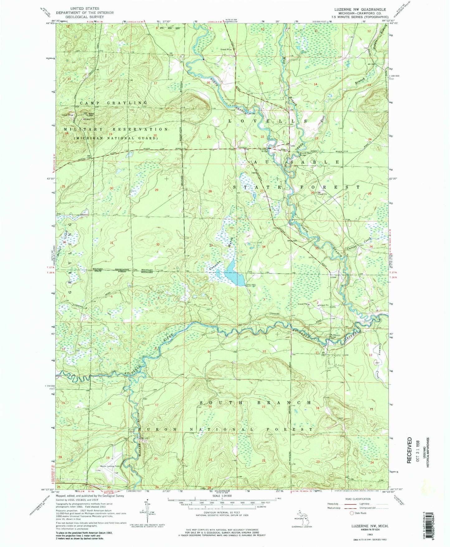 Classic USGS Luzerne NW Michigan 7.5'x7.5' Topo Map Image