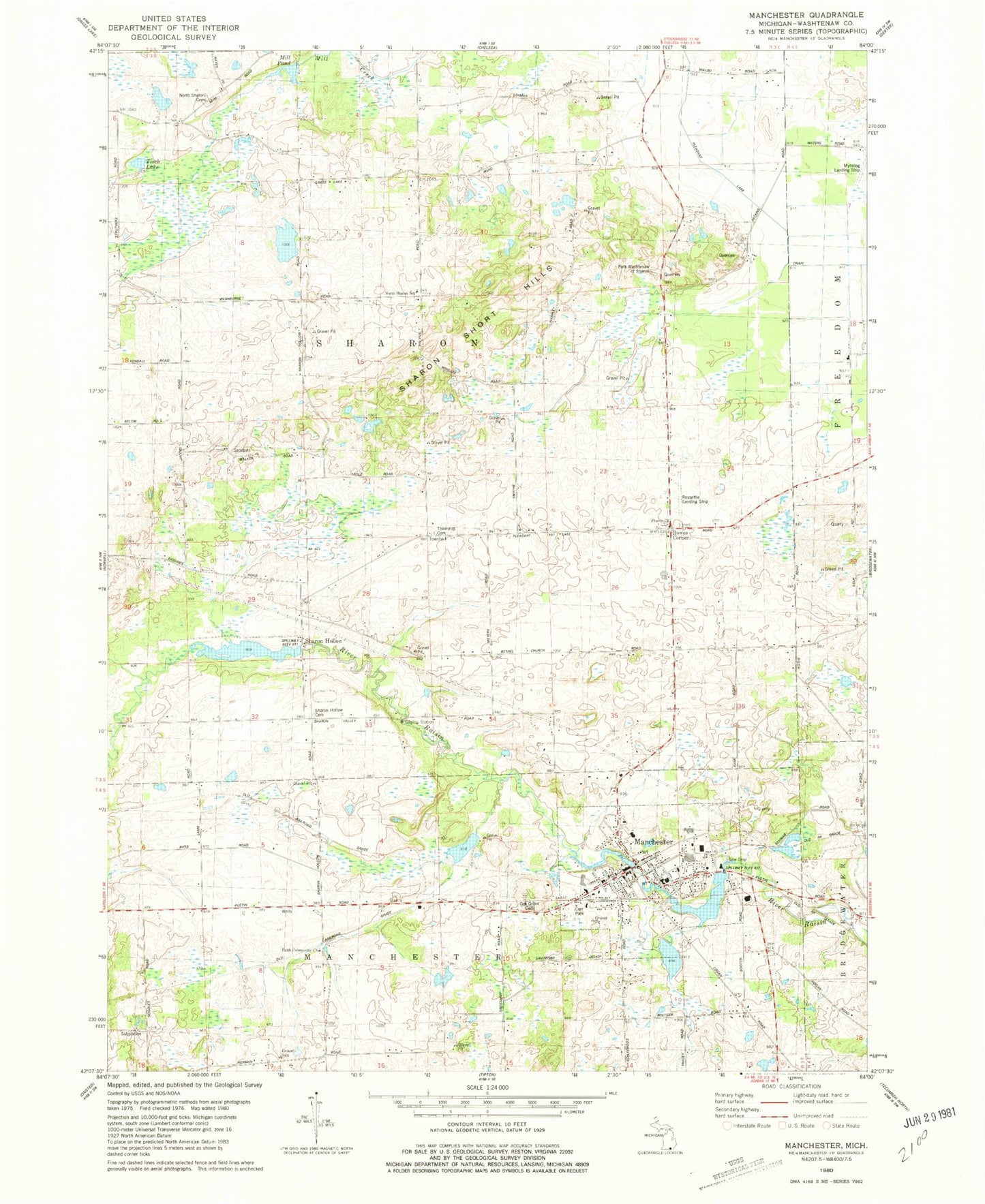 Classic USGS Manchester Michigan 7.5'x7.5' Topo Map Image
