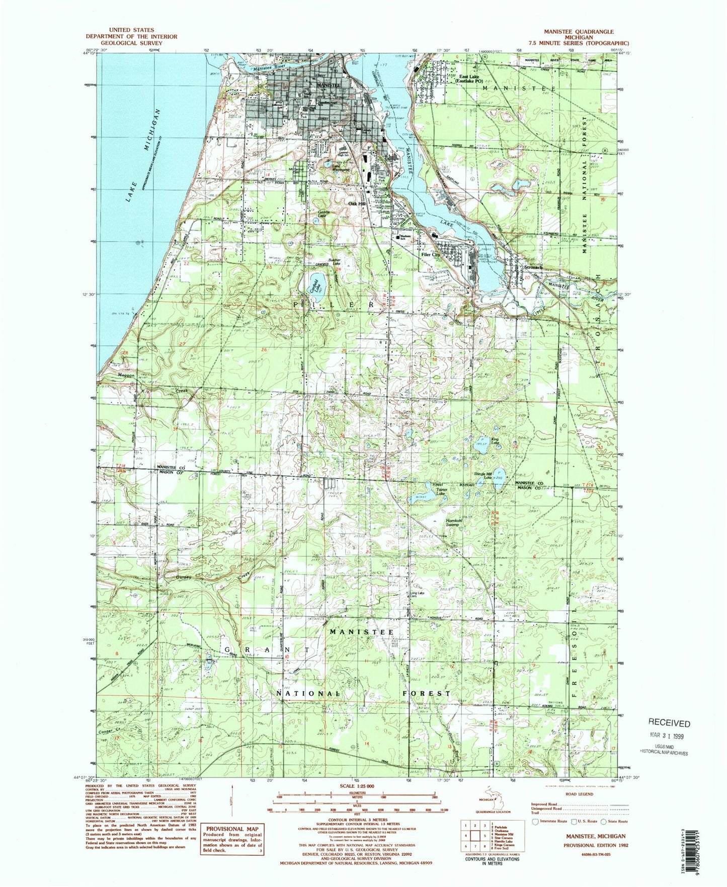 Classic USGS Manistee Michigan 7.5'x7.5' Topo Map Image