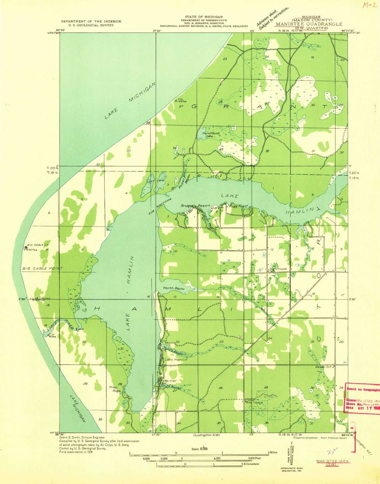 Classic USGS Hamlin Lake Michigan 7.5'x7.5' Topo Map Image