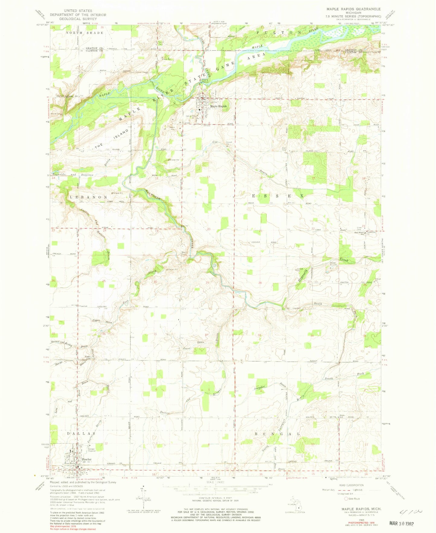 Classic USGS Maple Rapids Michigan 7.5'x7.5' Topo Map Image