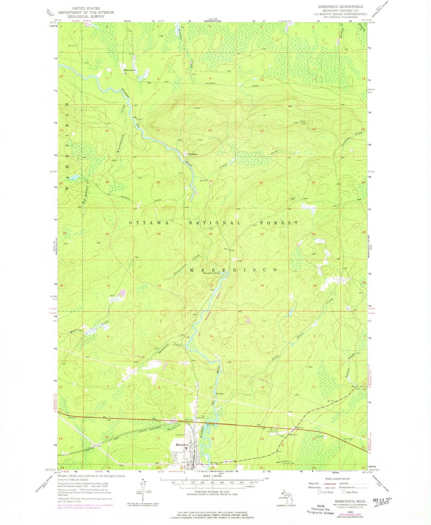 Classic USGS Marenisco Michigan 7.5'x7.5' Topo Map Image