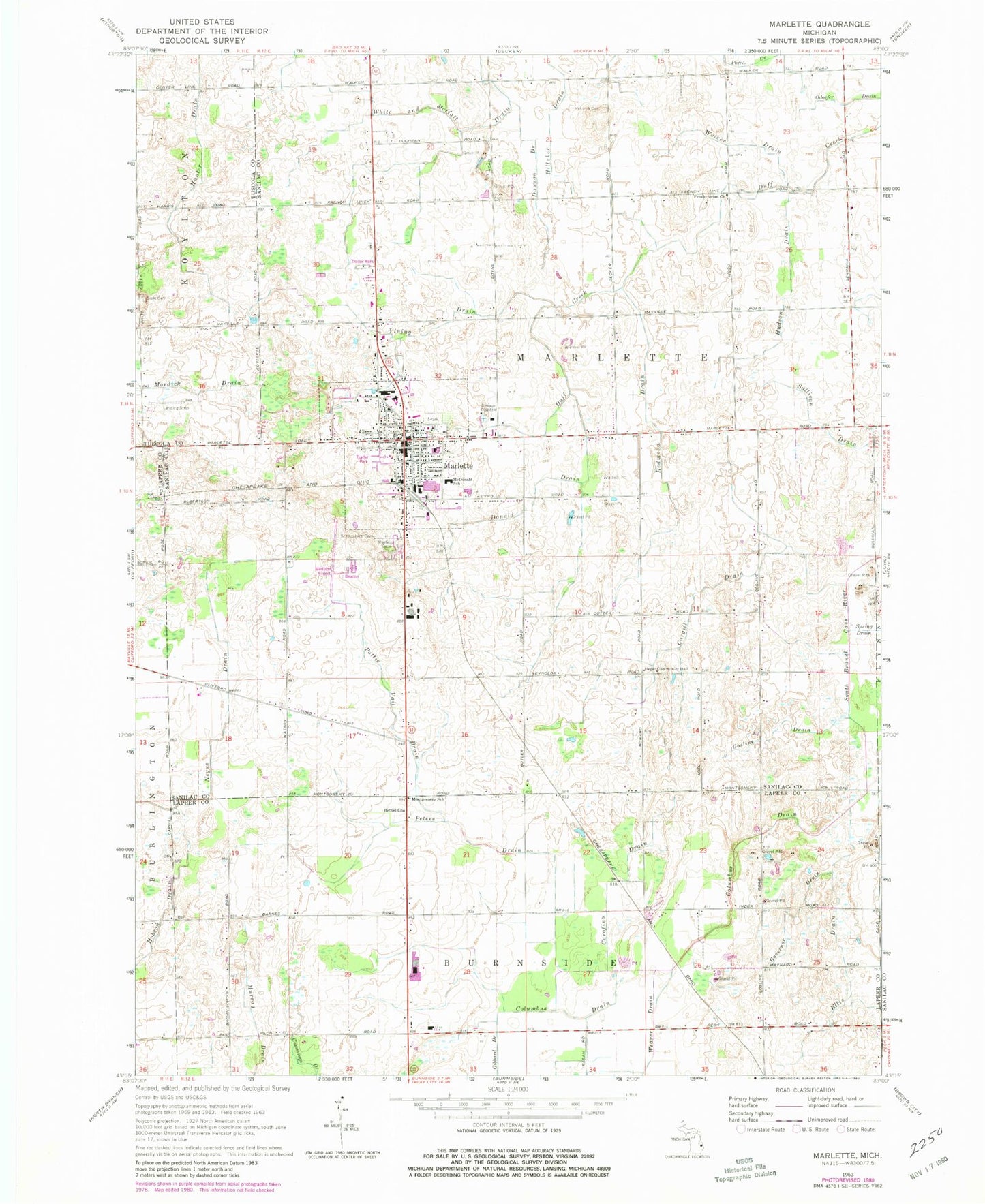 Classic USGS Marlette Michigan 7.5'x7.5' Topo Map Image