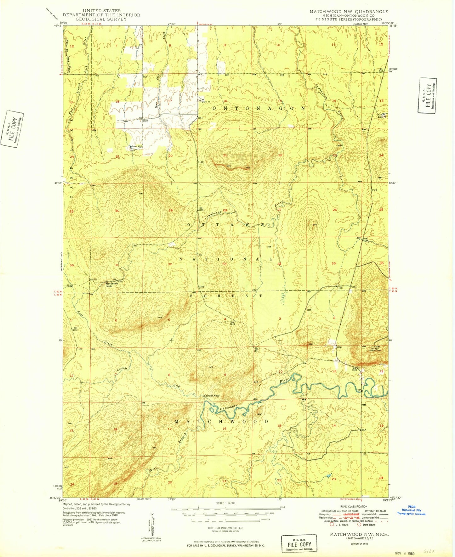 Classic USGS Matchwood NW Michigan 7.5'x7.5' Topo Map Image