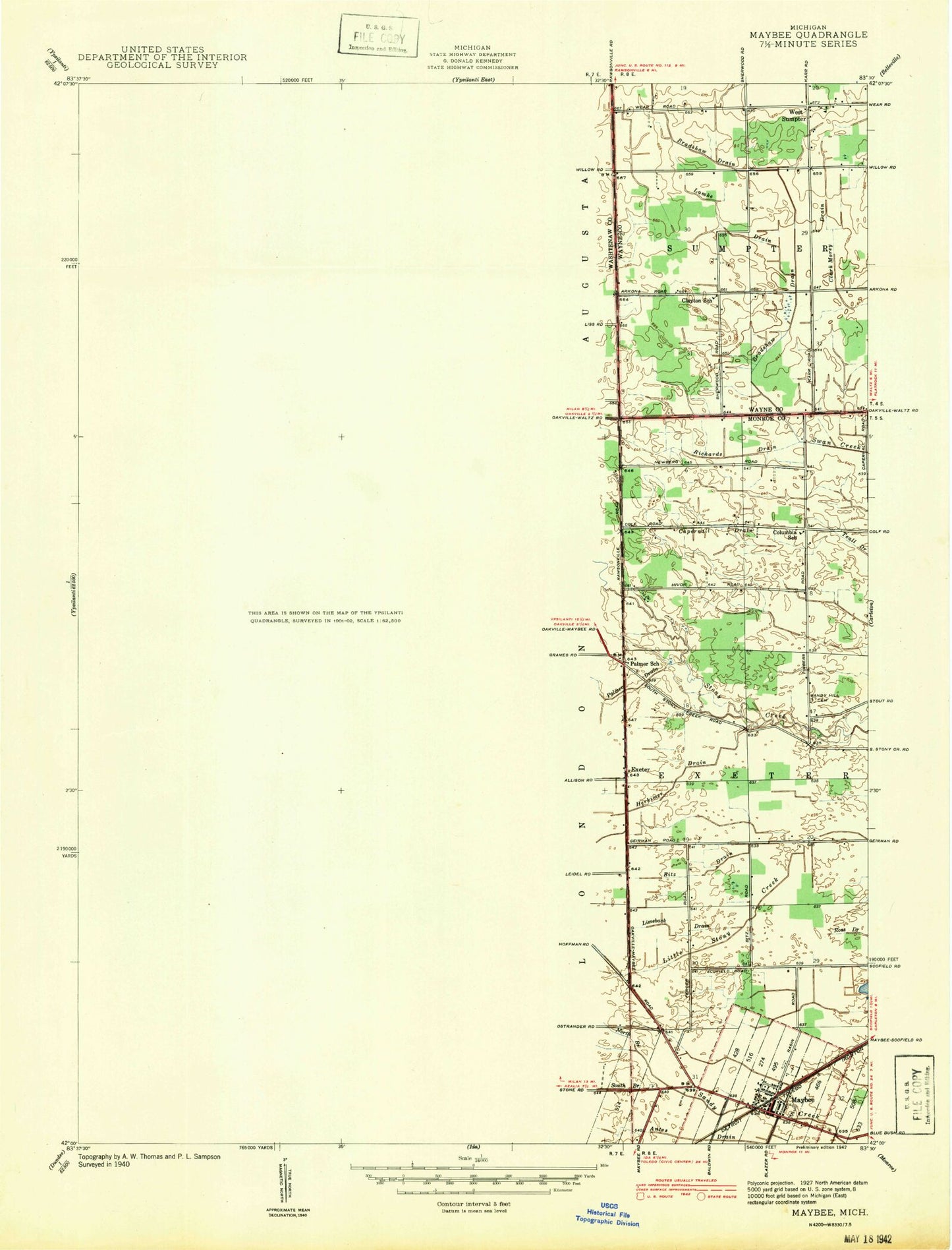Classic USGS Maybee Michigan 7.5'x7.5' Topo Map Image