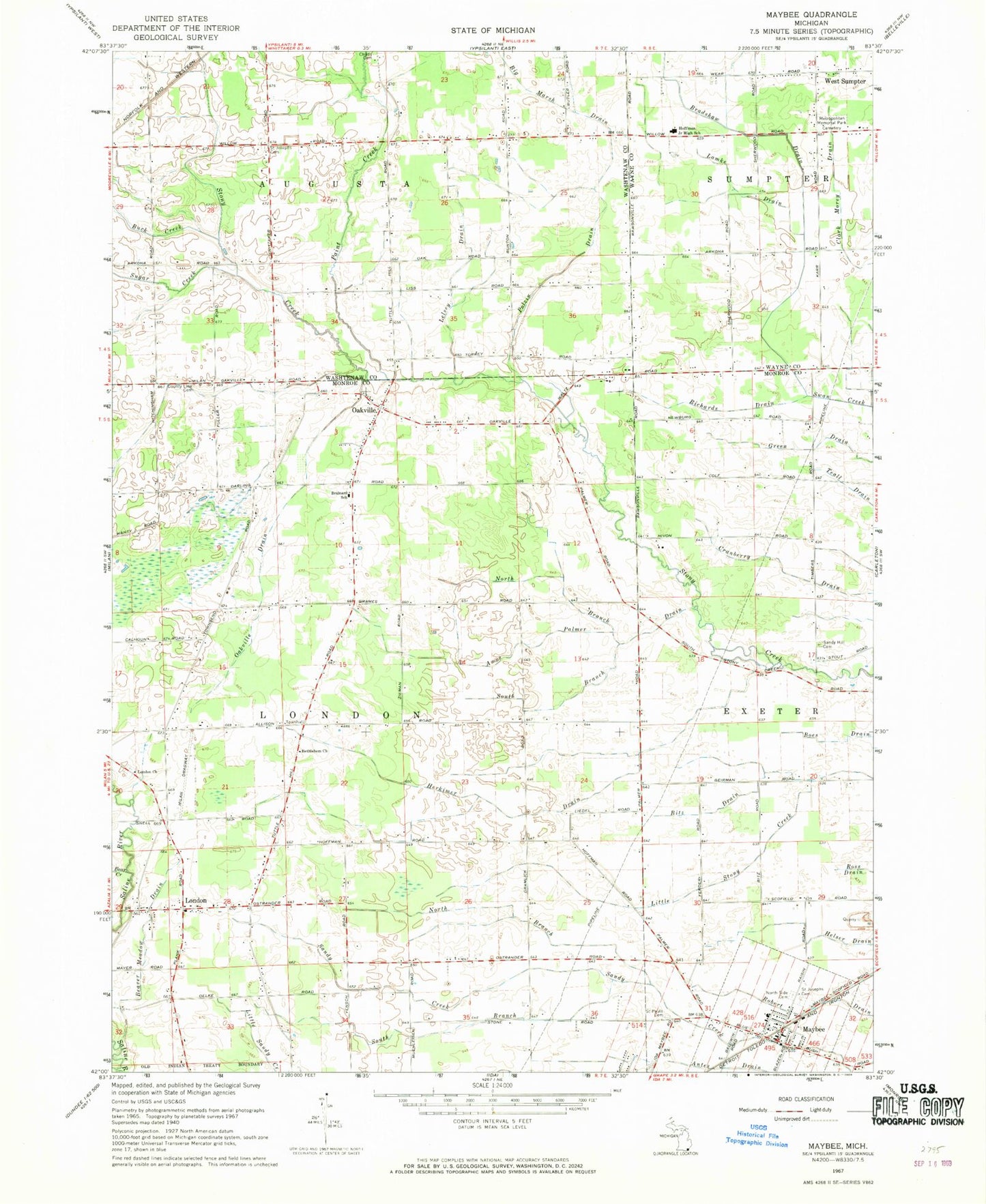 Classic USGS Maybee Michigan 7.5'x7.5' Topo Map Image