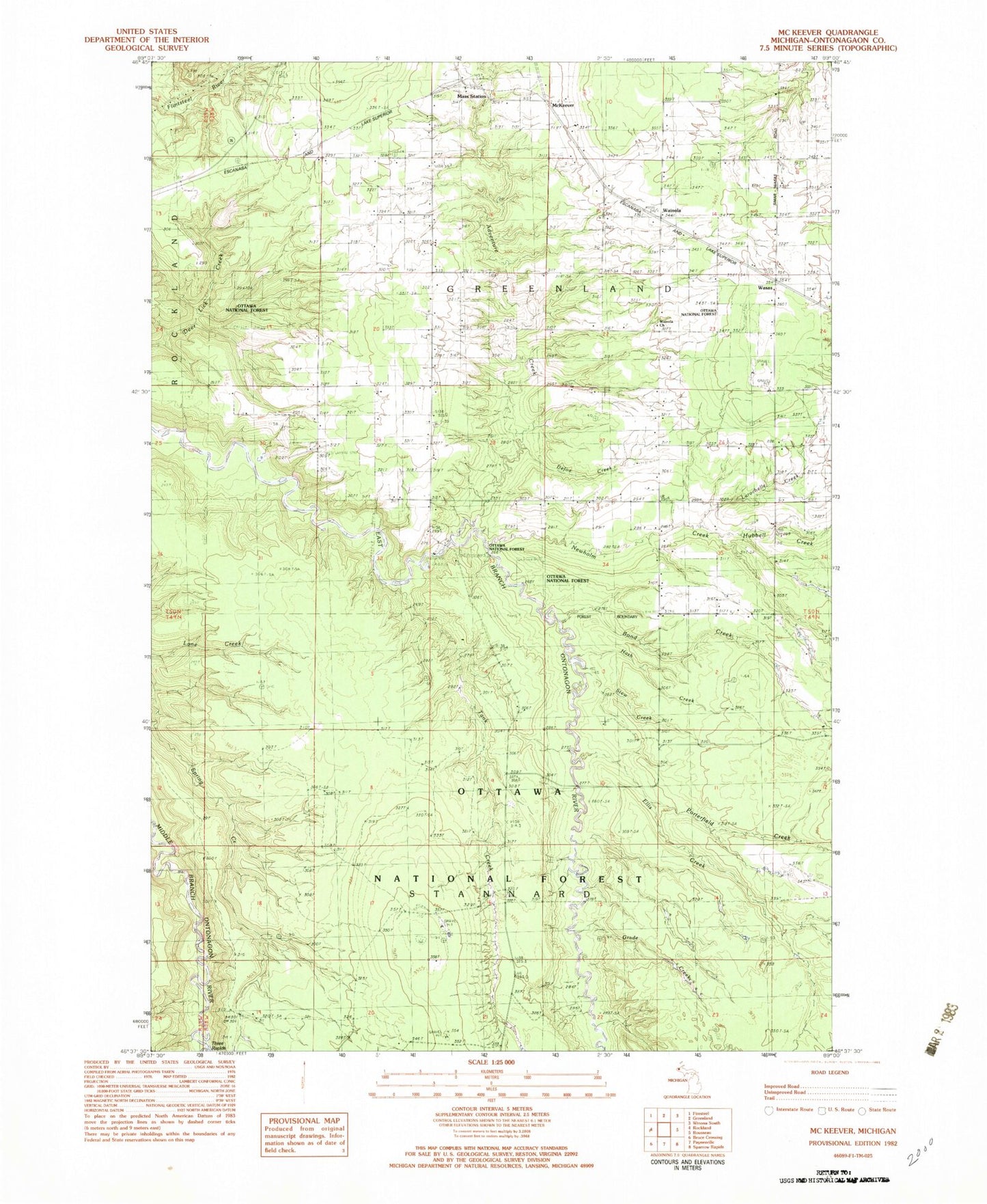 Classic USGS McKeever Michigan 7.5'x7.5' Topo Map Image
