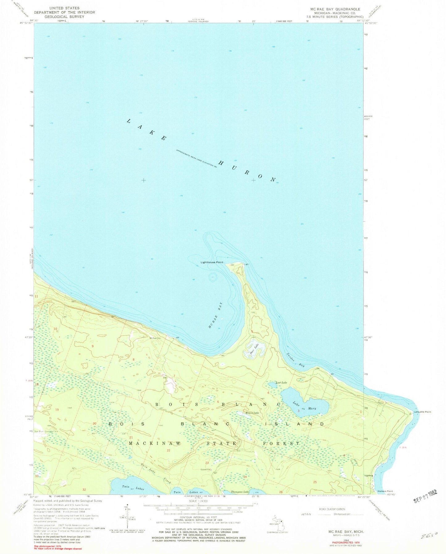Classic USGS McRae Bay Michigan 7.5'x7.5' Topo Map Image