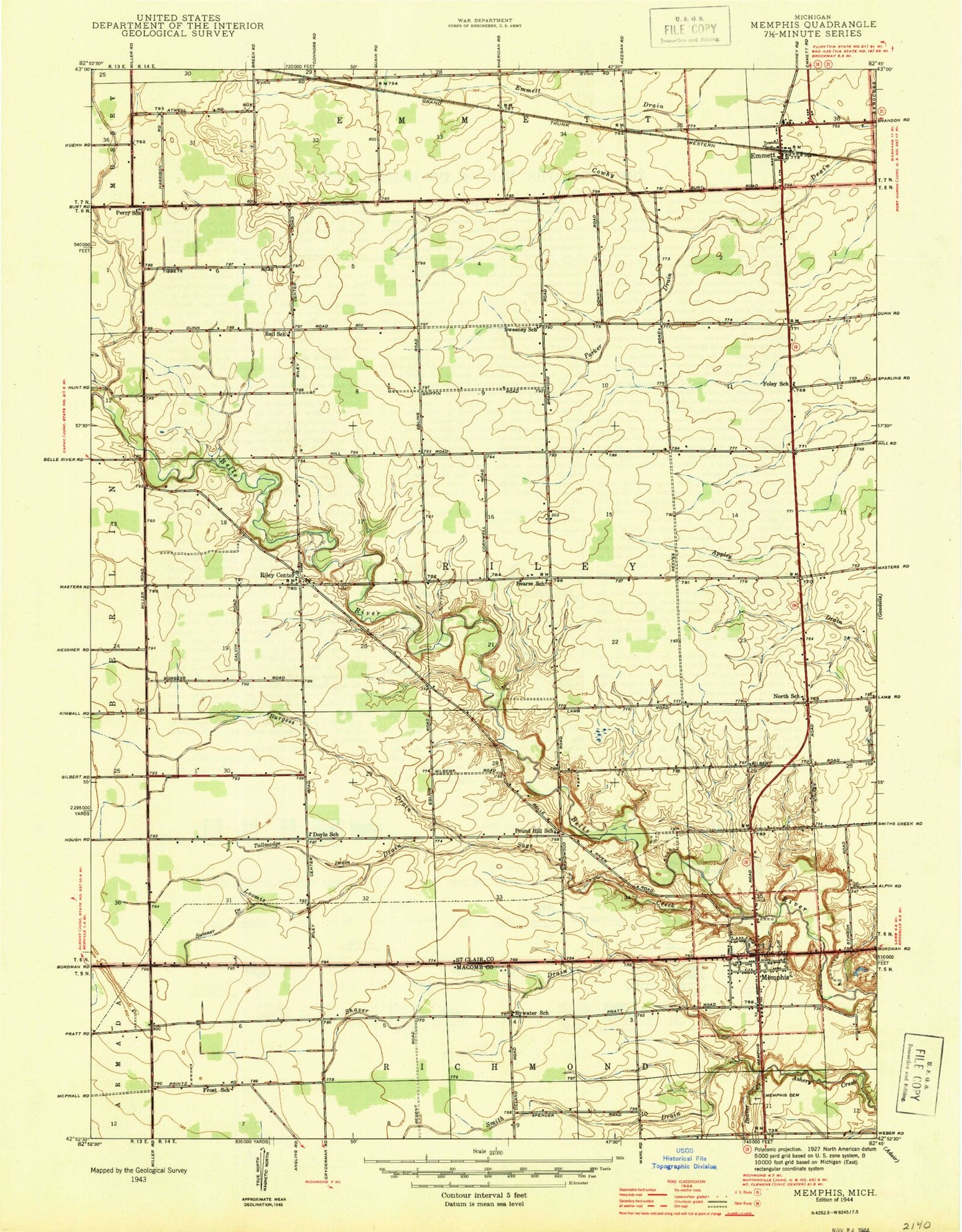 Classic USGS Memphis Michigan 7.5'x7.5' Topo Map Image