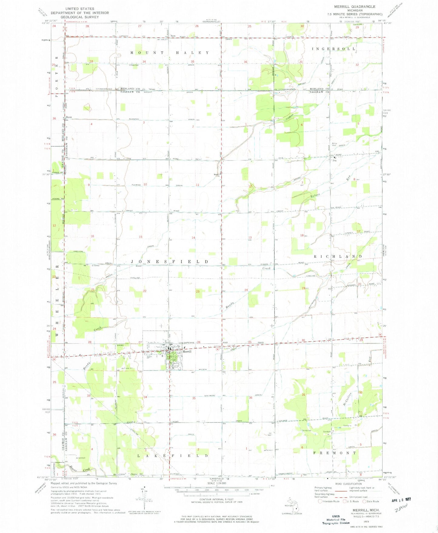 Classic USGS Merrill Michigan 7.5'x7.5' Topo Map Image
