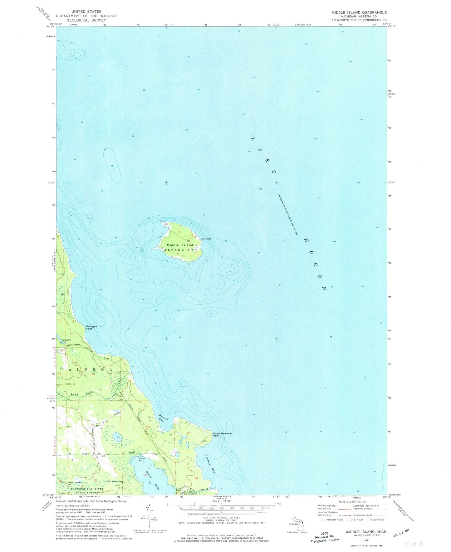 Classic USGS Middle Island Michigan 7.5'x7.5' Topo Map Image