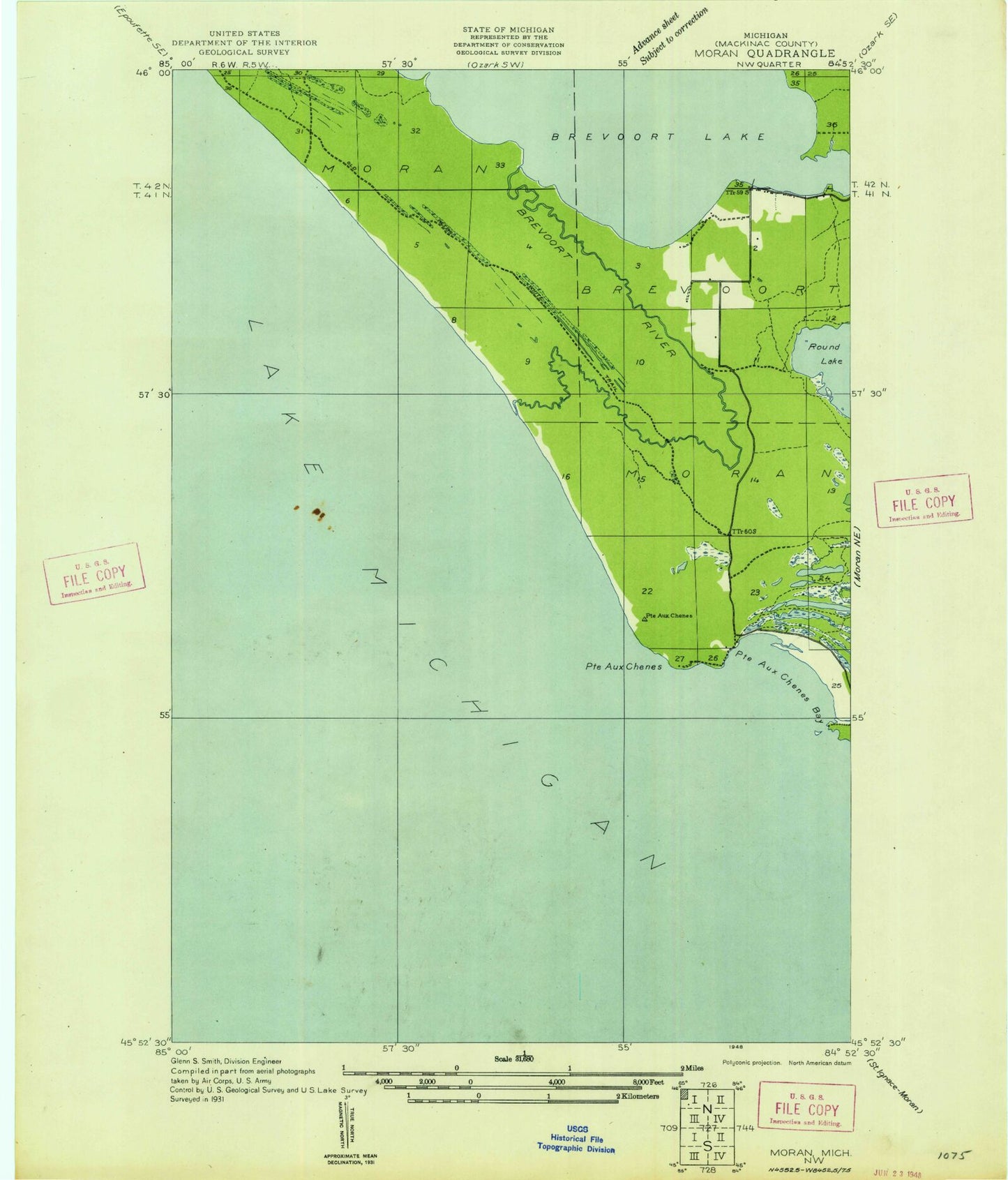 Classic USGS Pointe aux Chenes Michigan 7.5'x7.5' Topo Map Image