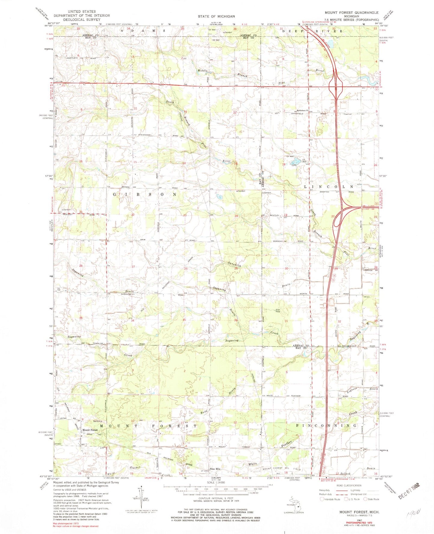 Classic USGS Mount Forest Michigan 7.5'x7.5' Topo Map Image