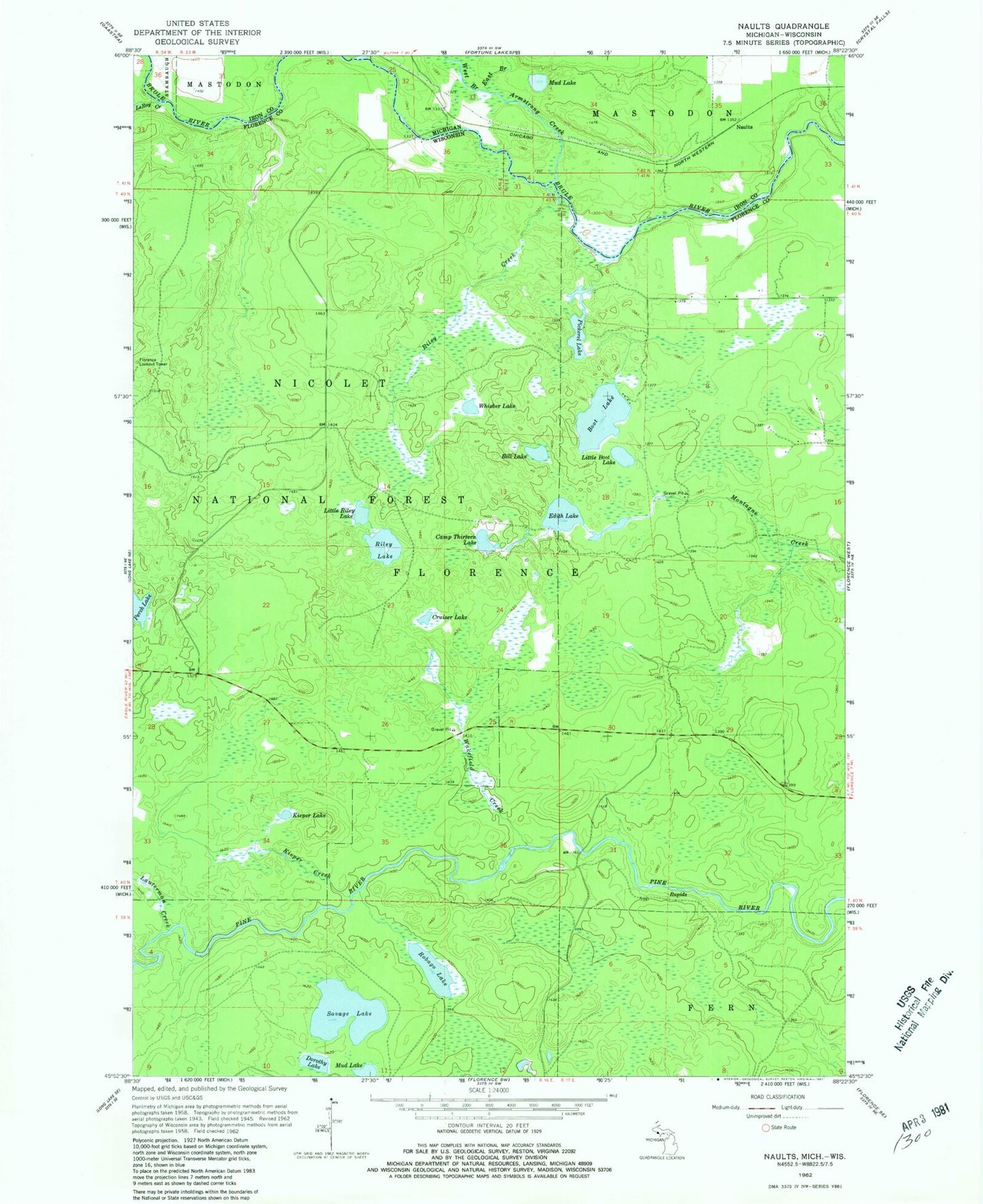Classic USGS Naults Michigan 7.5'x7.5' Topo Map Image