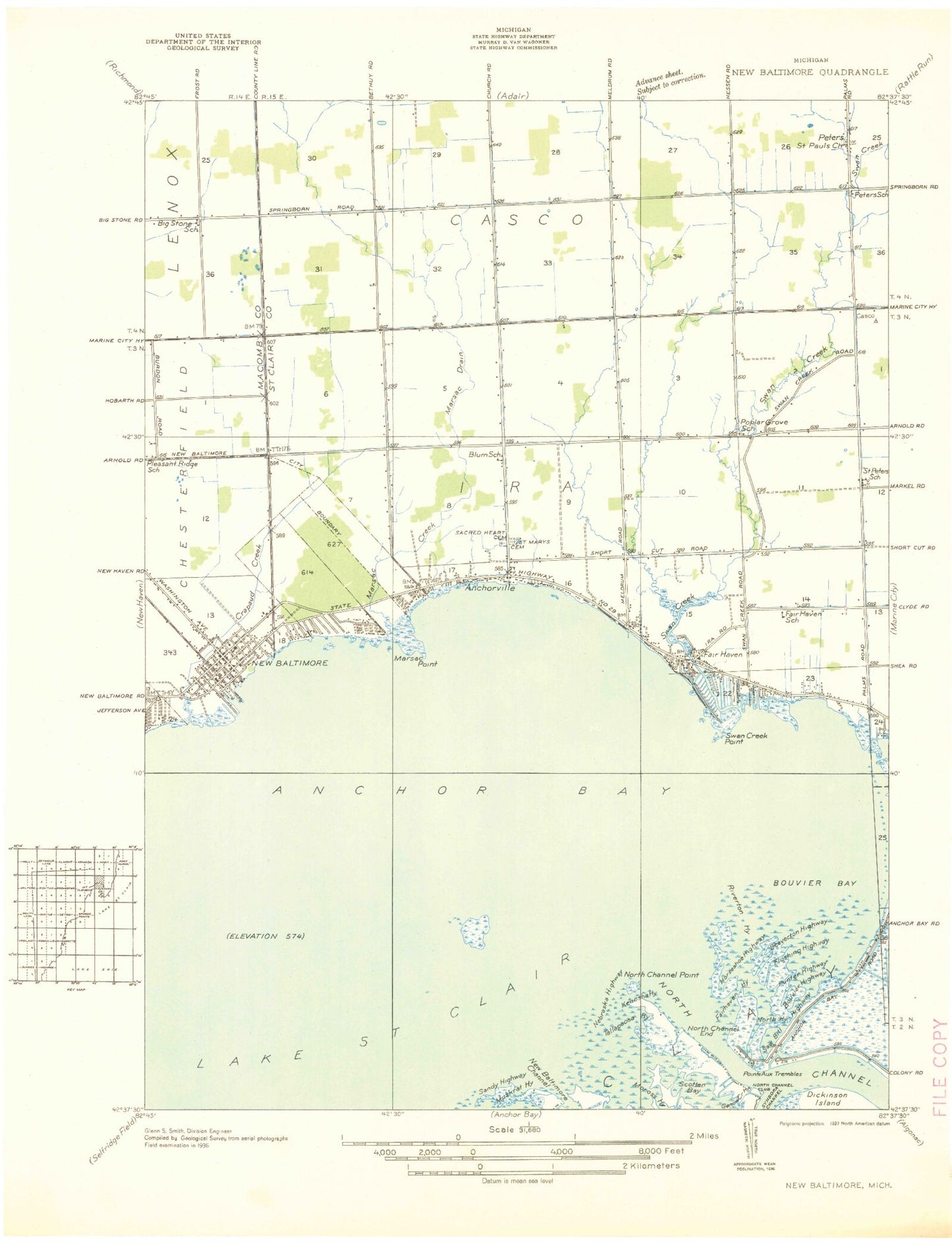 Classic USGS New Baltimore Michigan 7.5'x7.5' Topo Map Image