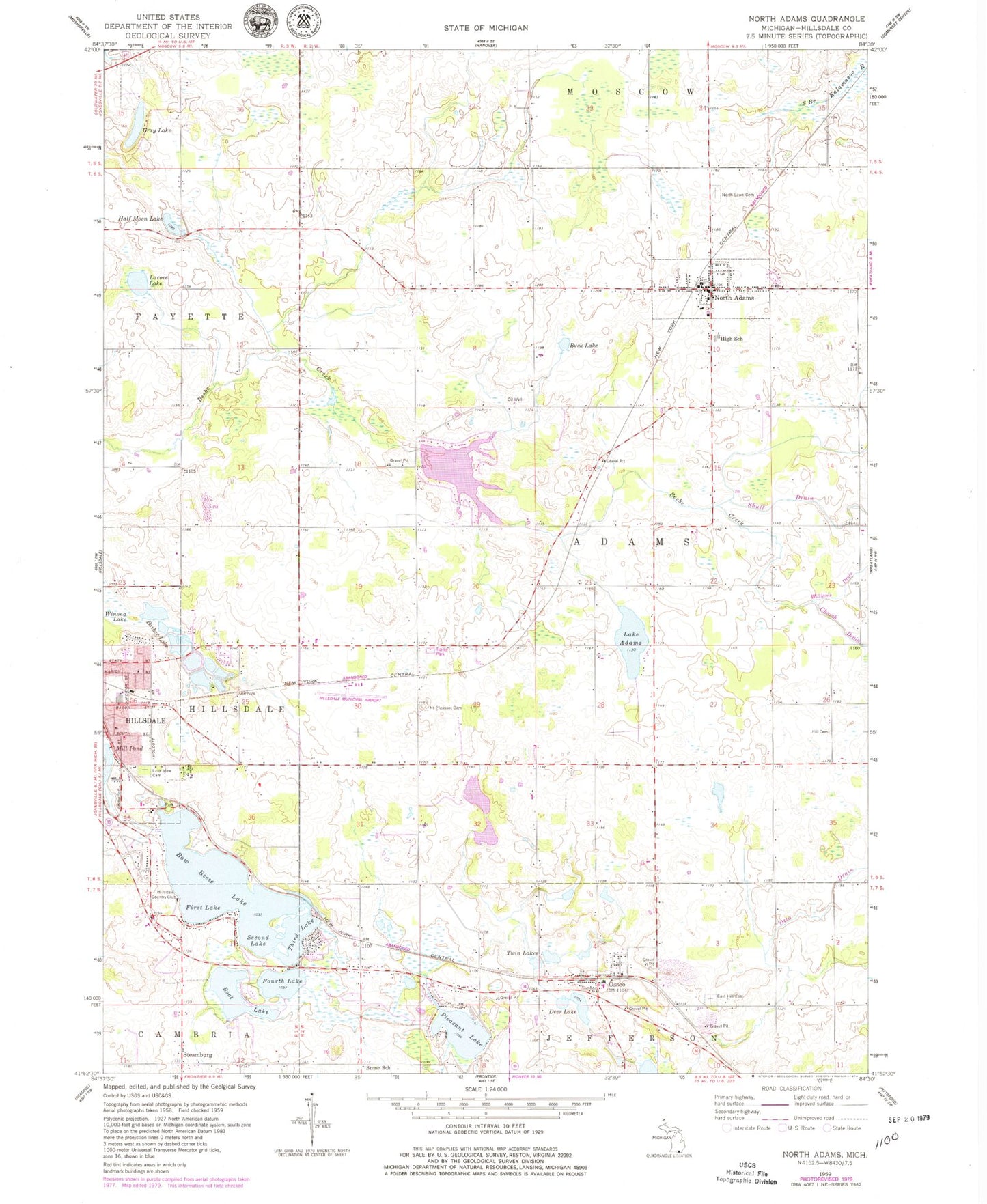 Classic USGS North Adams Michigan 7.5'x7.5' Topo Map Image