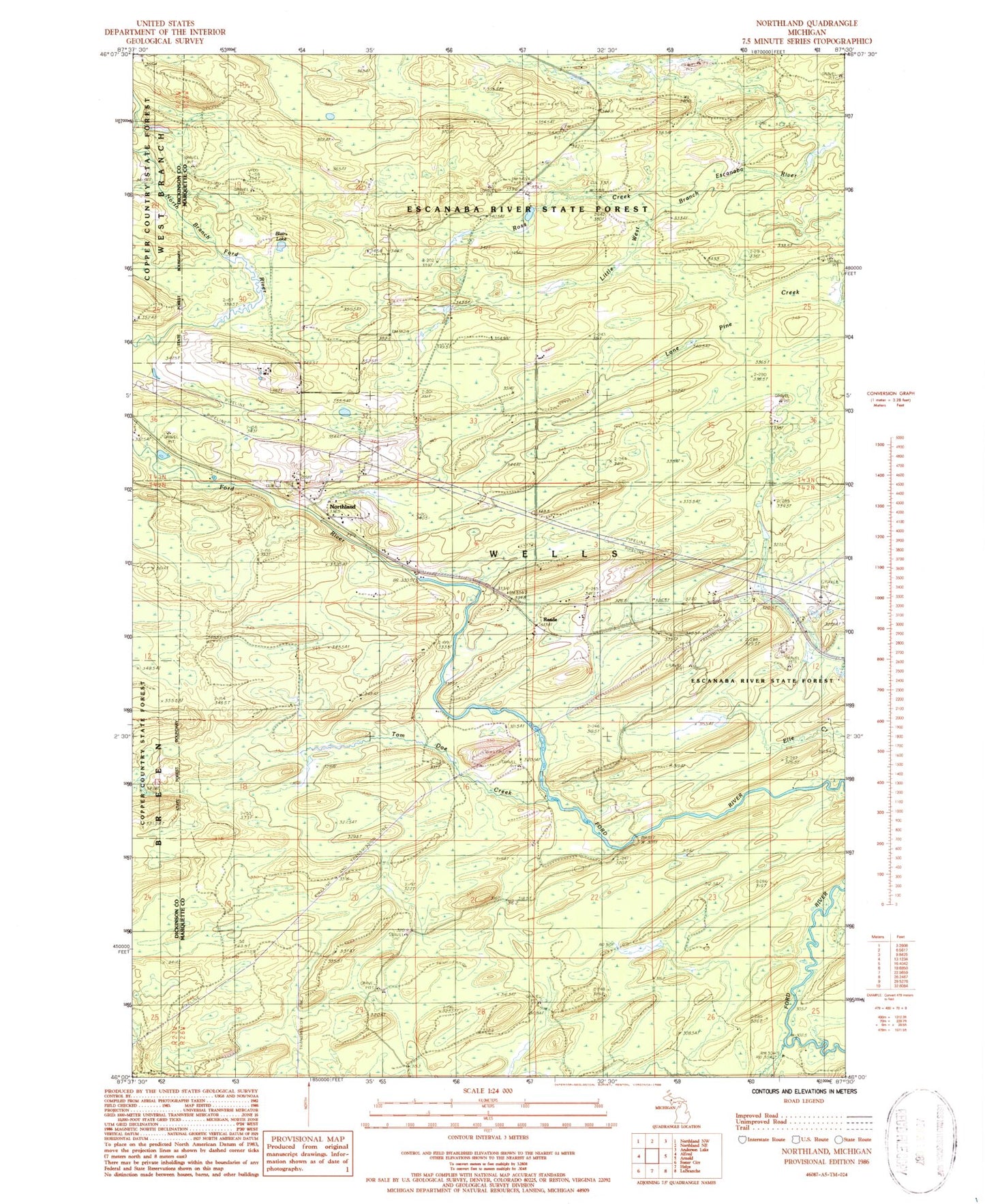 Classic USGS Northland Michigan 7.5'x7.5' Topo Map Image