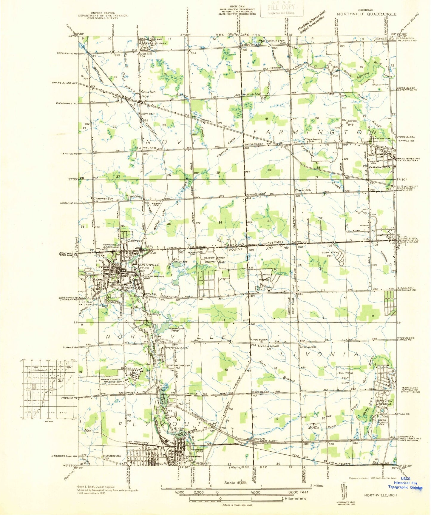 Classic USGS Northville Michigan 7.5'x7.5' Topo Map Image