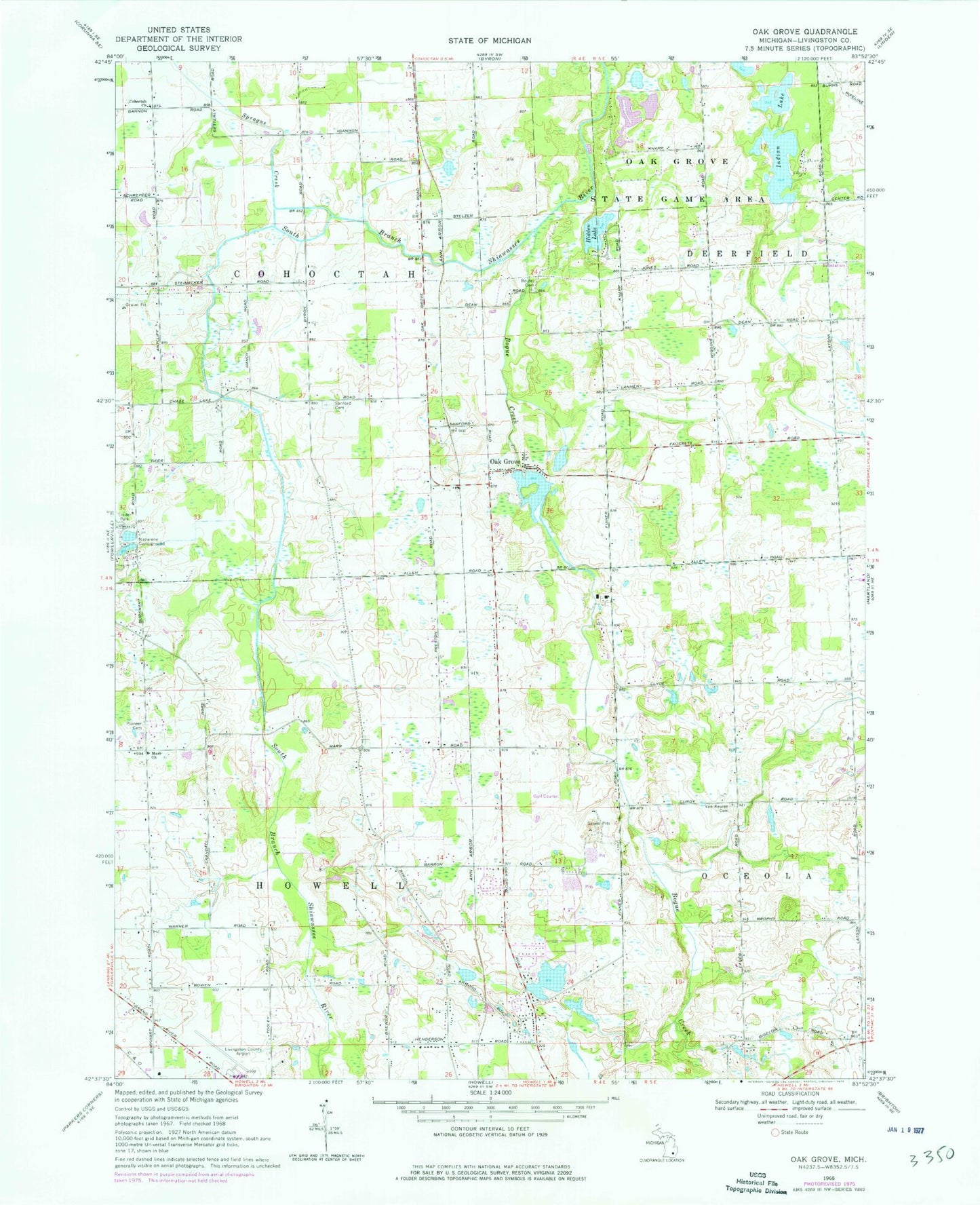 Classic USGS Oak Grove Michigan 7.5'x7.5' Topo Map Image