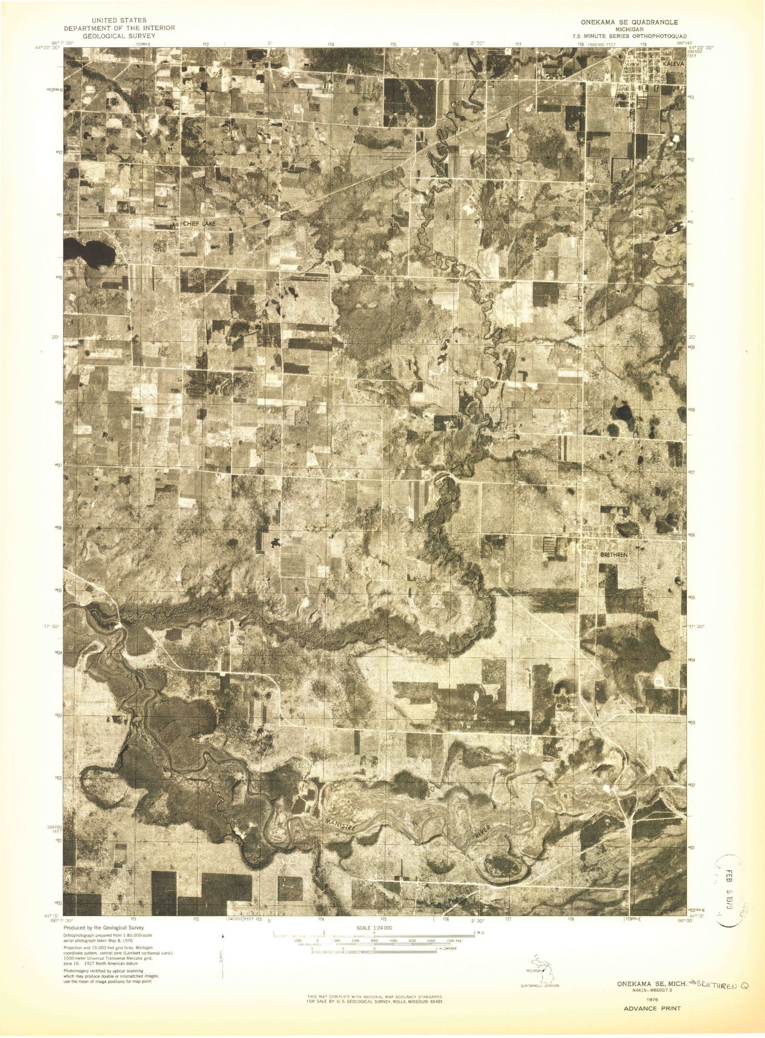 Classic USGS Brethren Michigan 7.5'x7.5' Topo Map Image