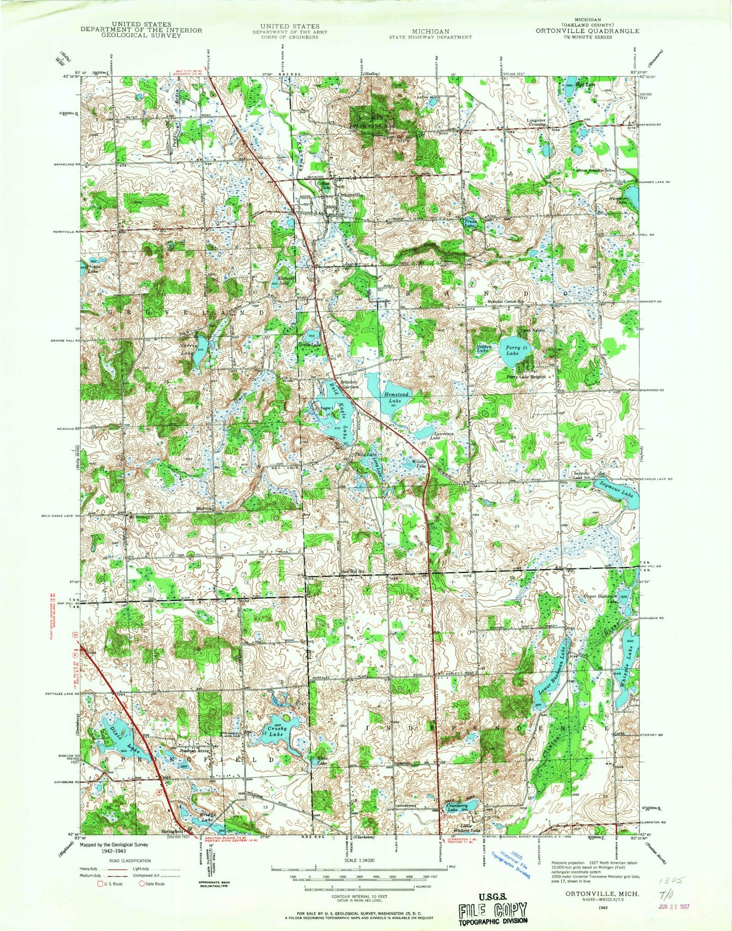 Classic USGS Ortonville Michigan 7.5'x7.5' Topo Map Image