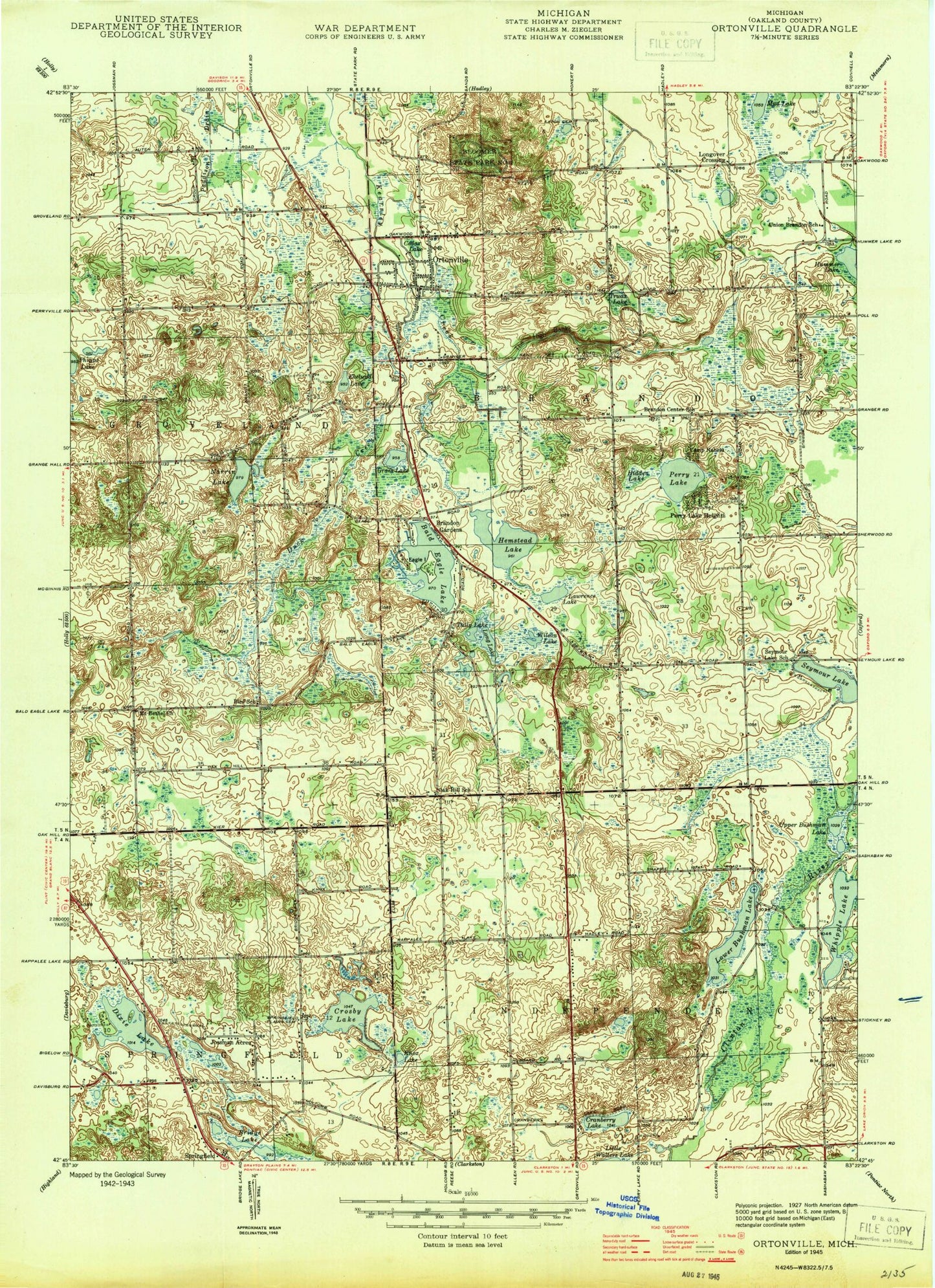 Classic USGS Ortonville Michigan 7.5'x7.5' Topo Map Image