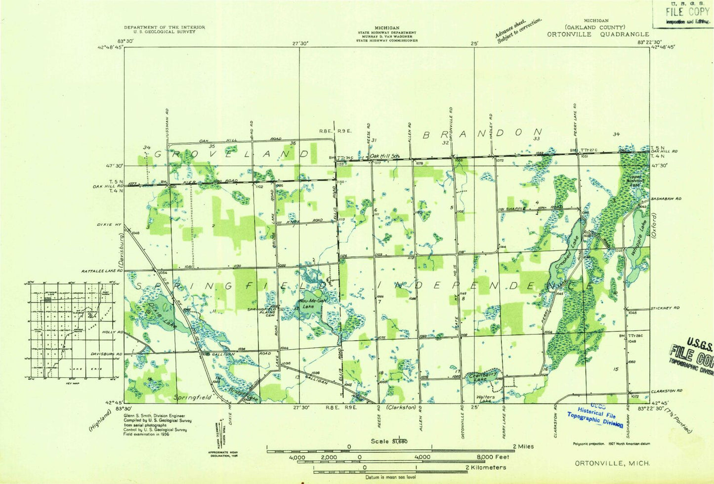 Classic USGS Ortonville Michigan 7.5'x7.5' Topo Map Image