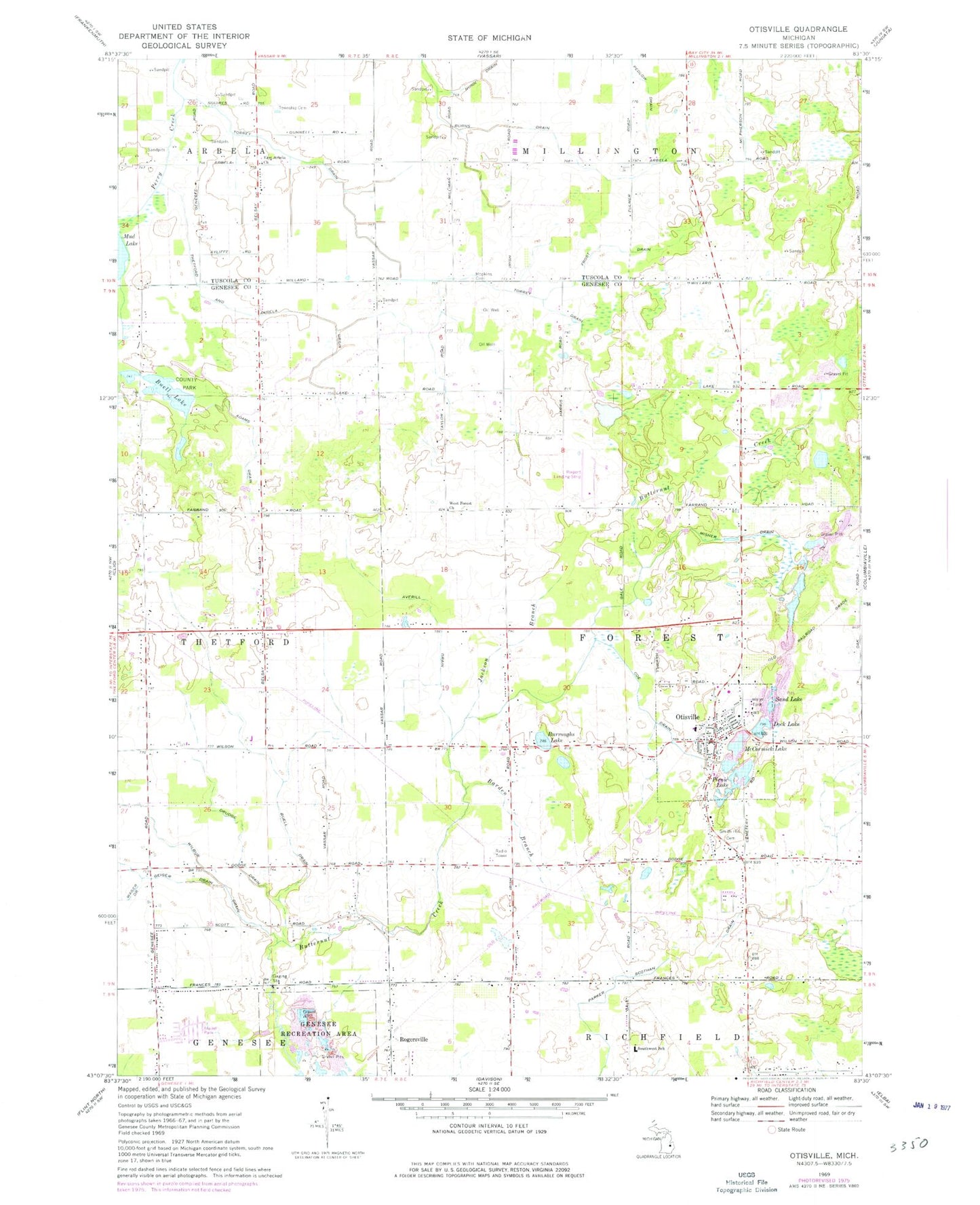 Classic USGS Otisville Michigan 7.5'x7.5' Topo Map Image