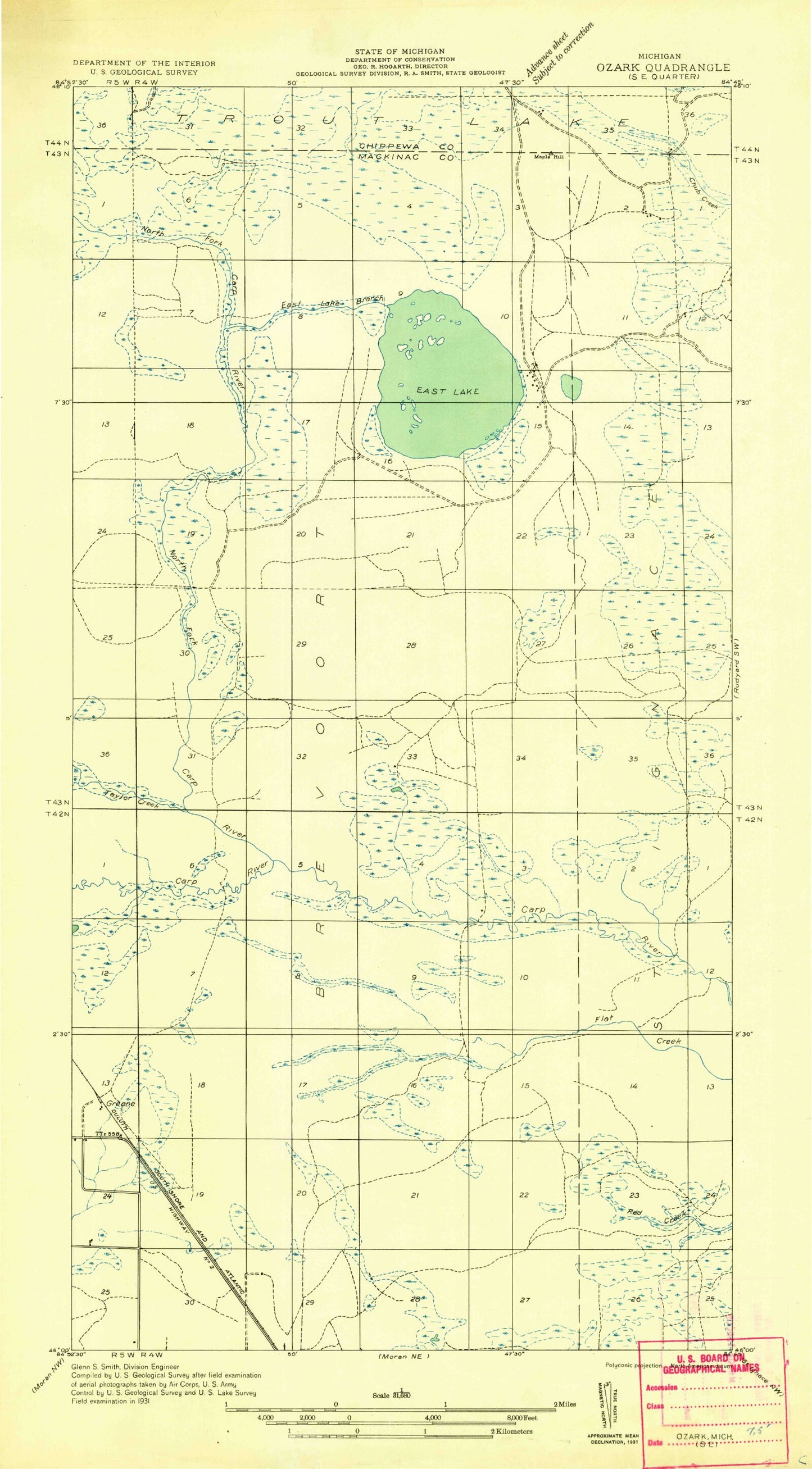 Classic USGS Ozark SE Michigan 7.5'x7.5' Topo Map Image