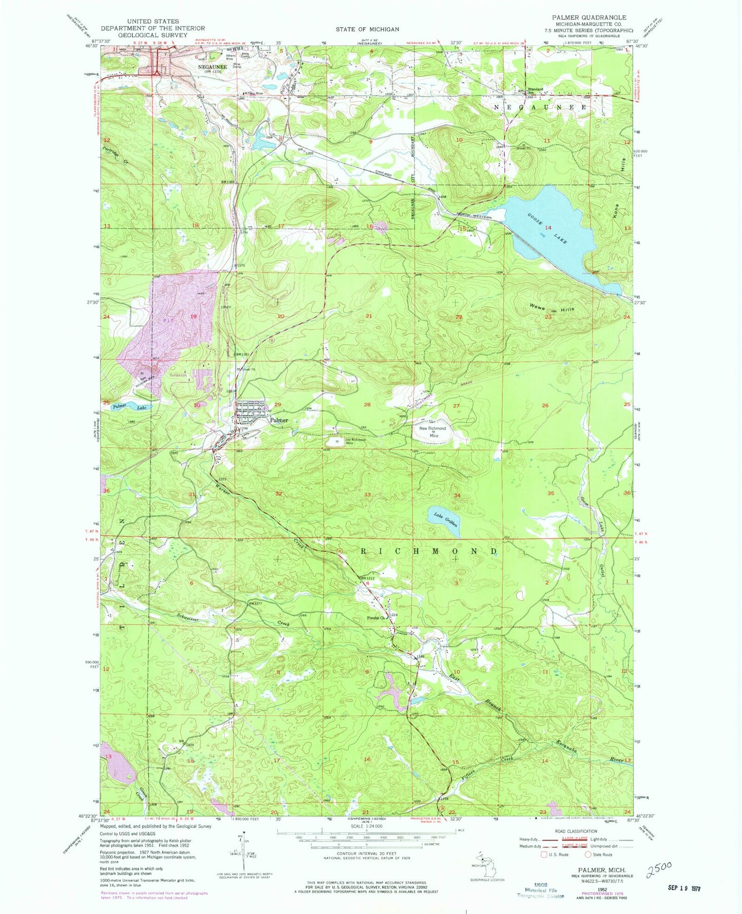Classic USGS Palmer Michigan 7.5'x7.5' Topo Map Image