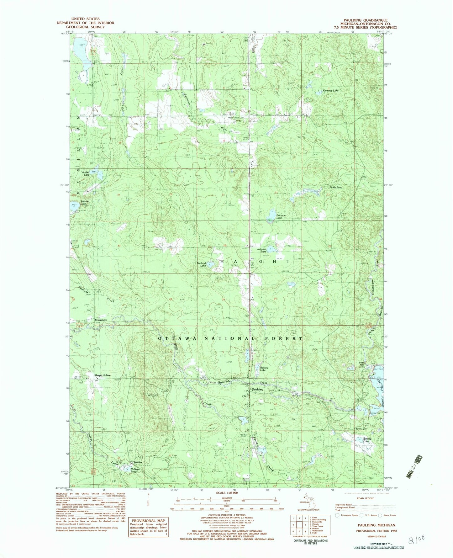 Classic USGS Paulding Michigan 7.5'x7.5' Topo Map Image