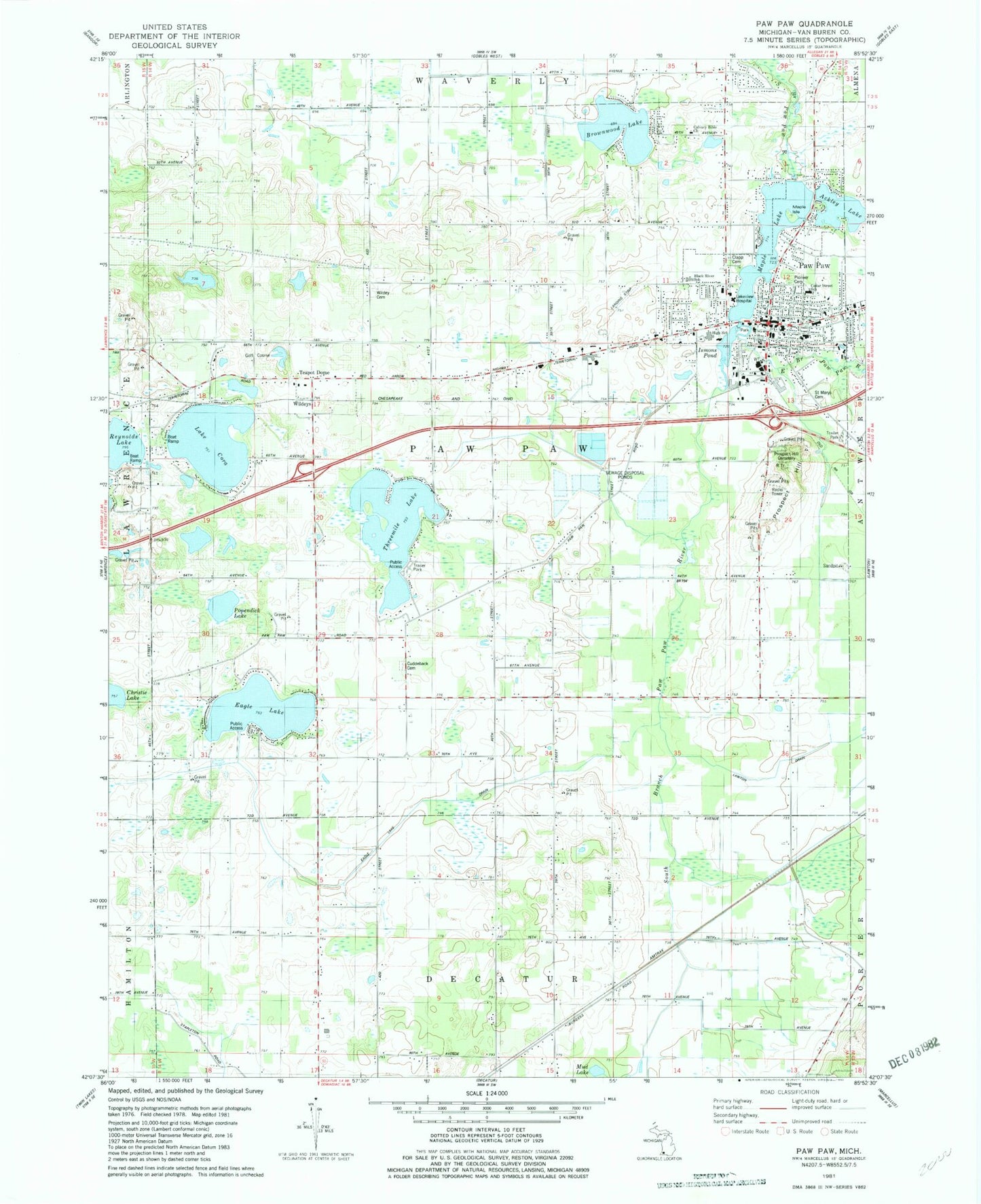 Classic USGS Paw Paw Michigan 7.5'x7.5' Topo Map Image