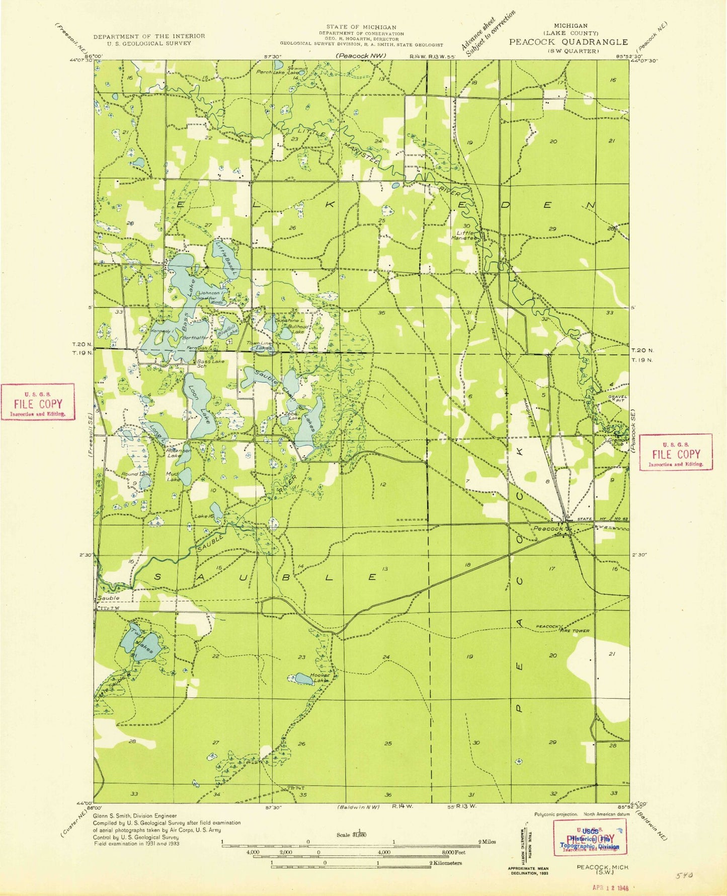 Classic USGS Peacock Michigan 7.5'x7.5' Topo Map Image