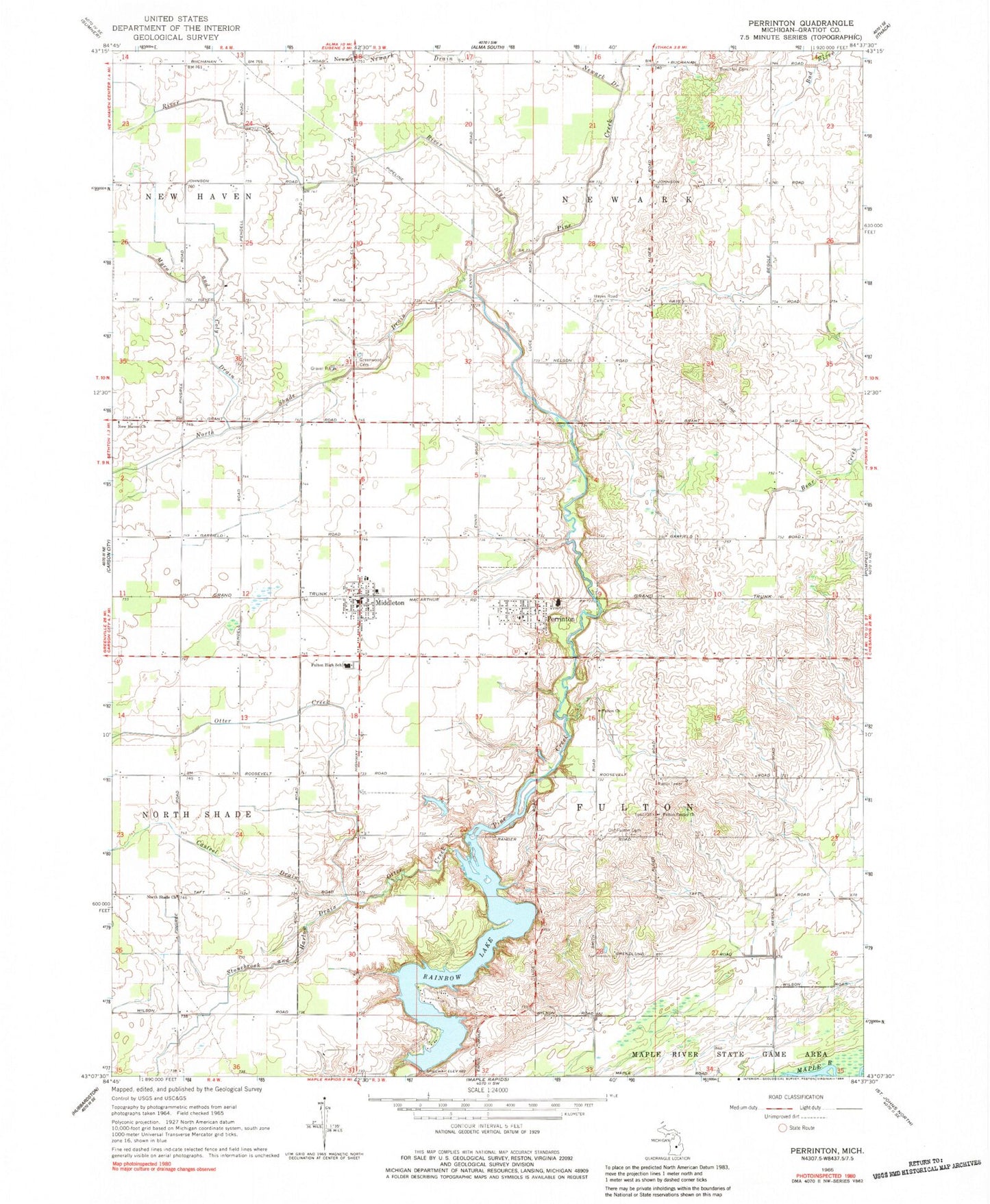 Classic USGS Perrinton Michigan 7.5'x7.5' Topo Map Image
