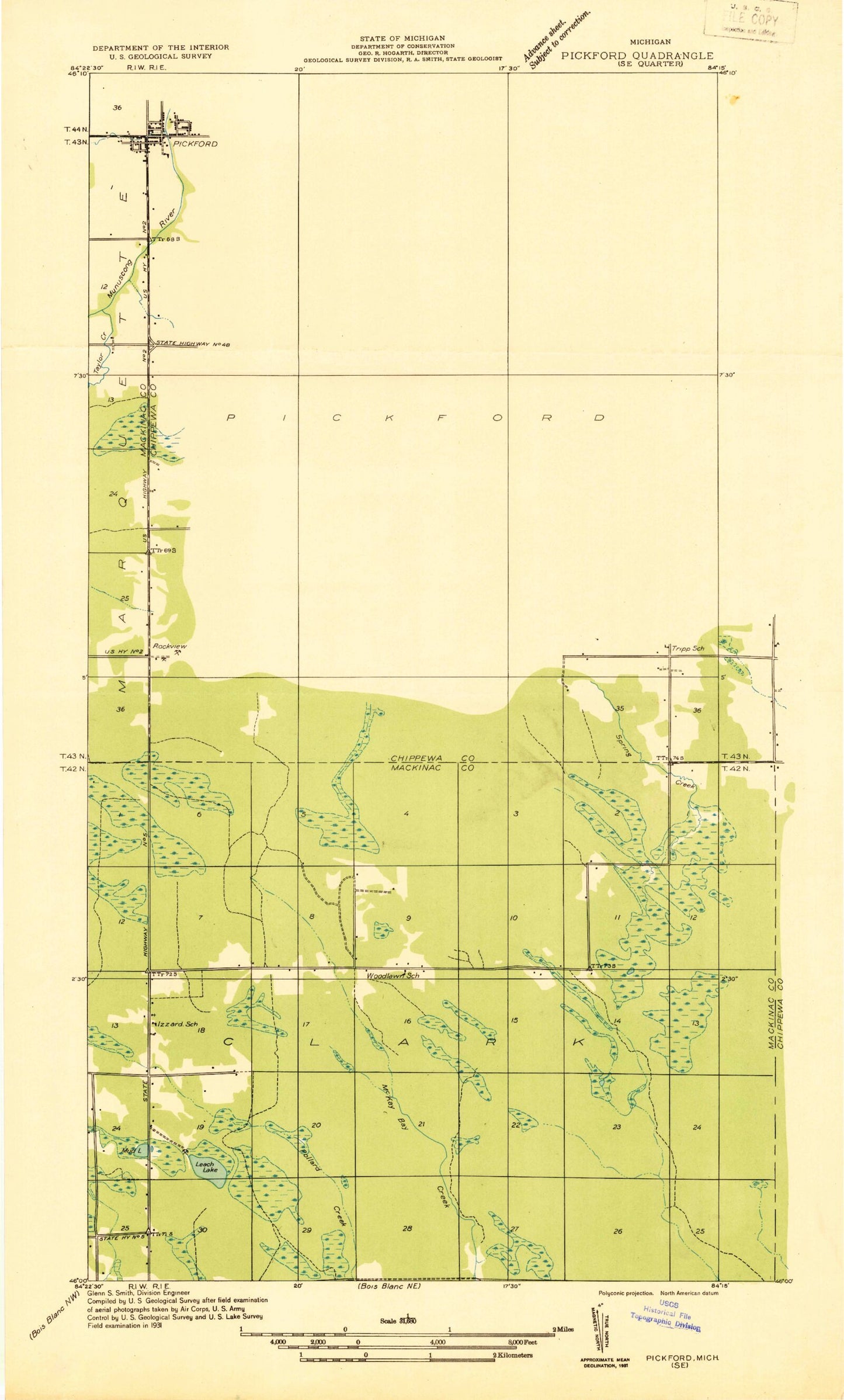 Classic USGS Pickford SE Michigan 7.5'x7.5' Topo Map Image
