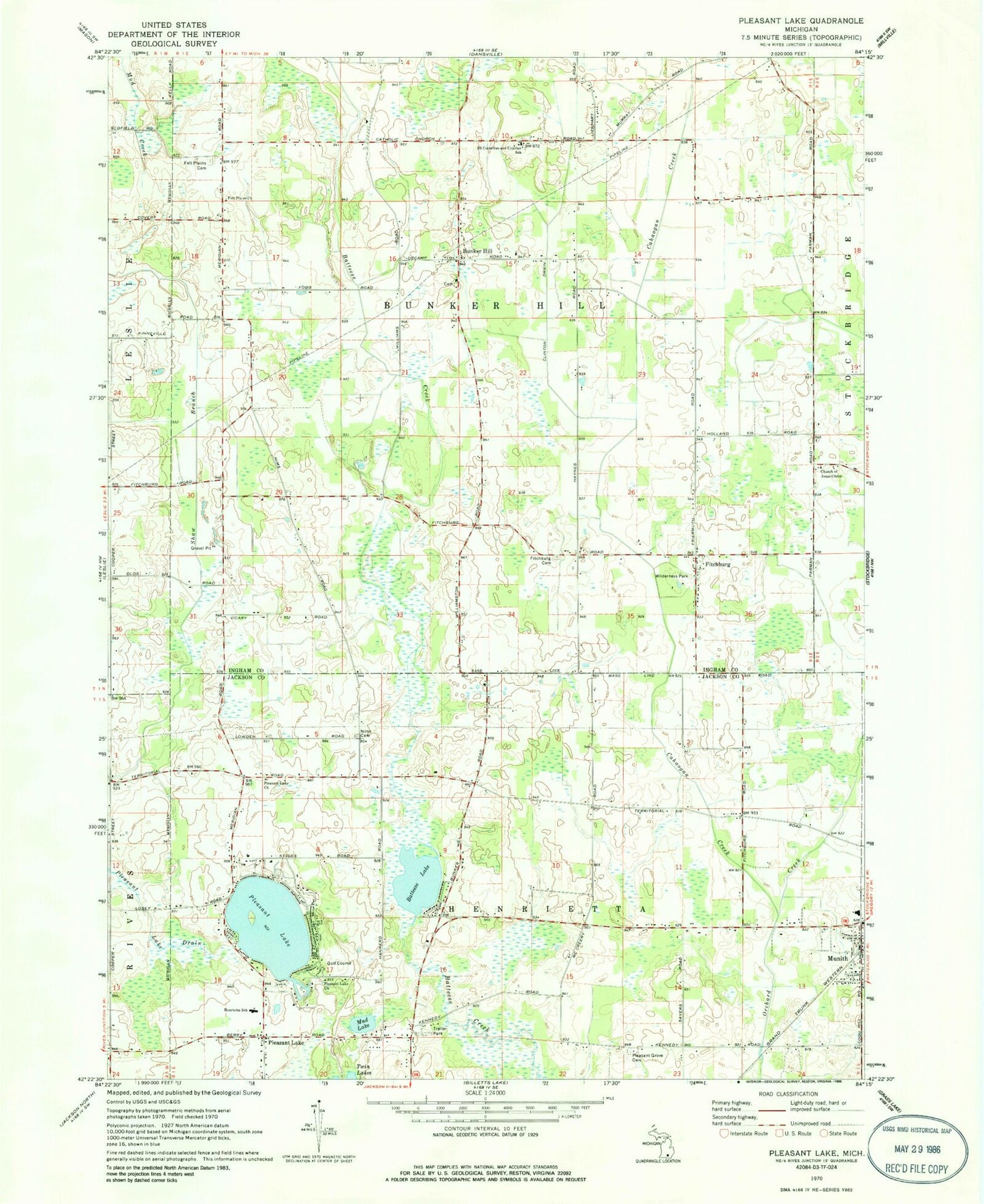 Classic USGS Pleasant Lake Michigan 7.5'x7.5' Topo Map Image