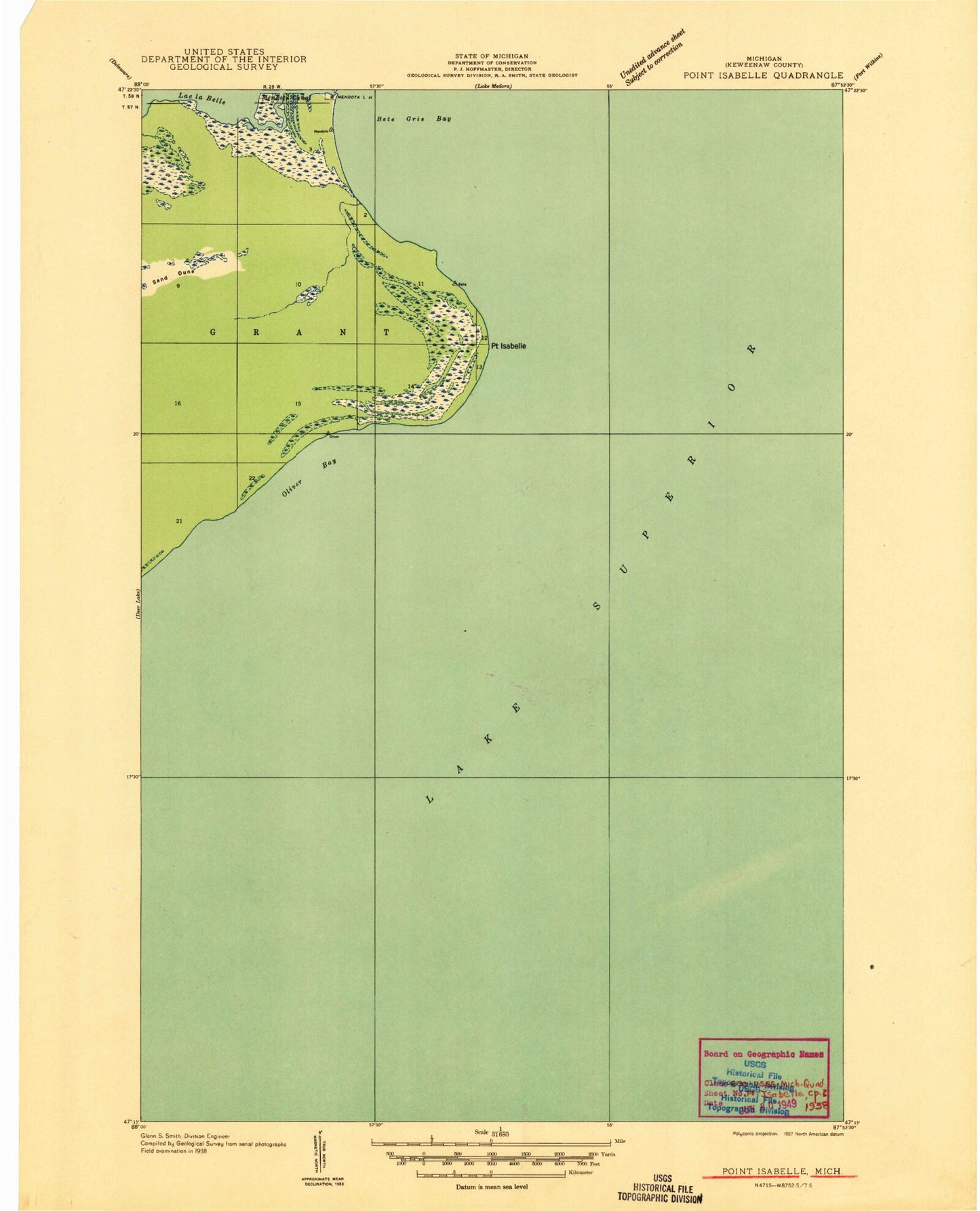 Classic USGS Point Isabelle Michigan 7.5'x7.5' Topo Map Image