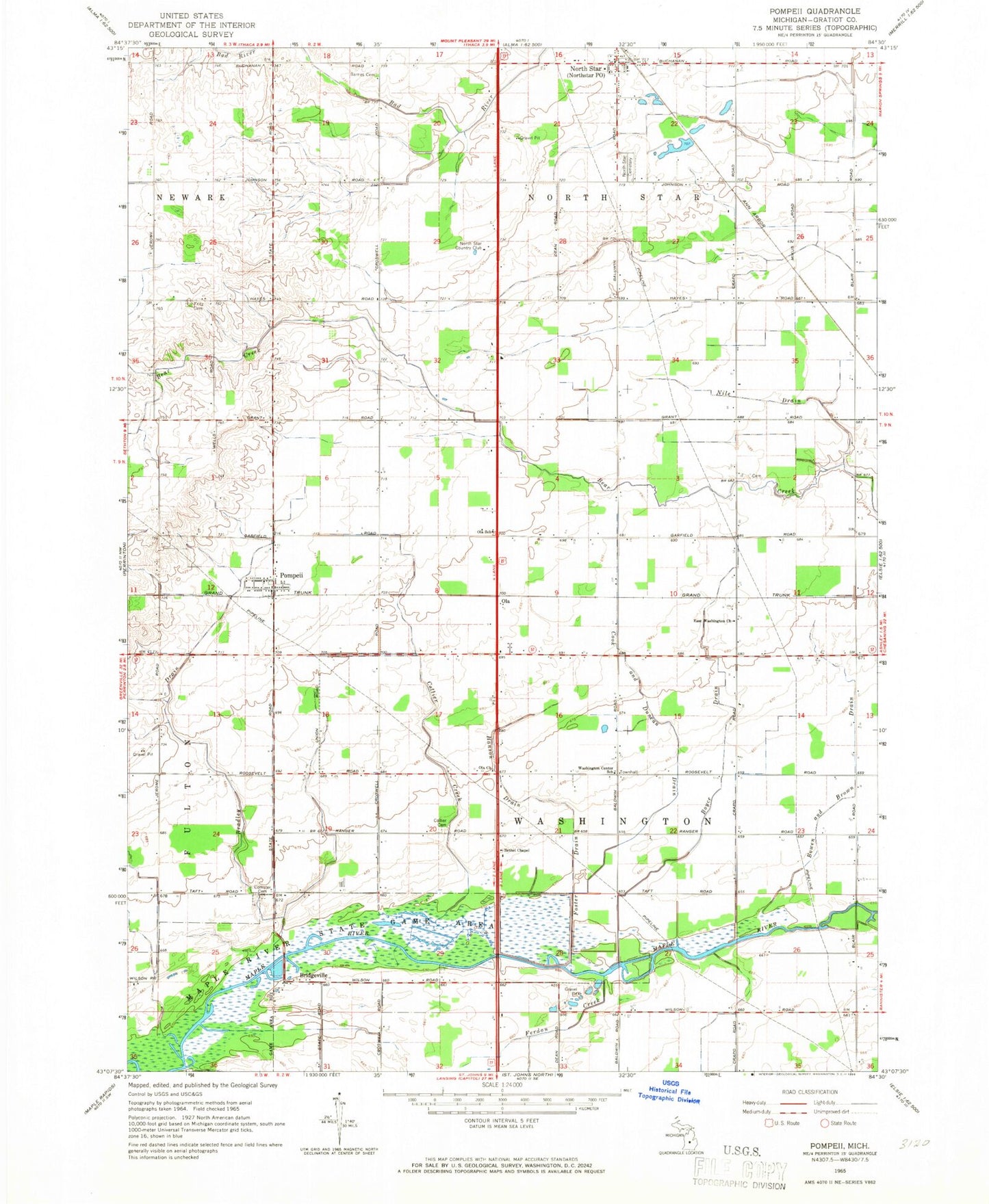 Classic USGS Pompeii Michigan 7.5'x7.5' Topo Map Image