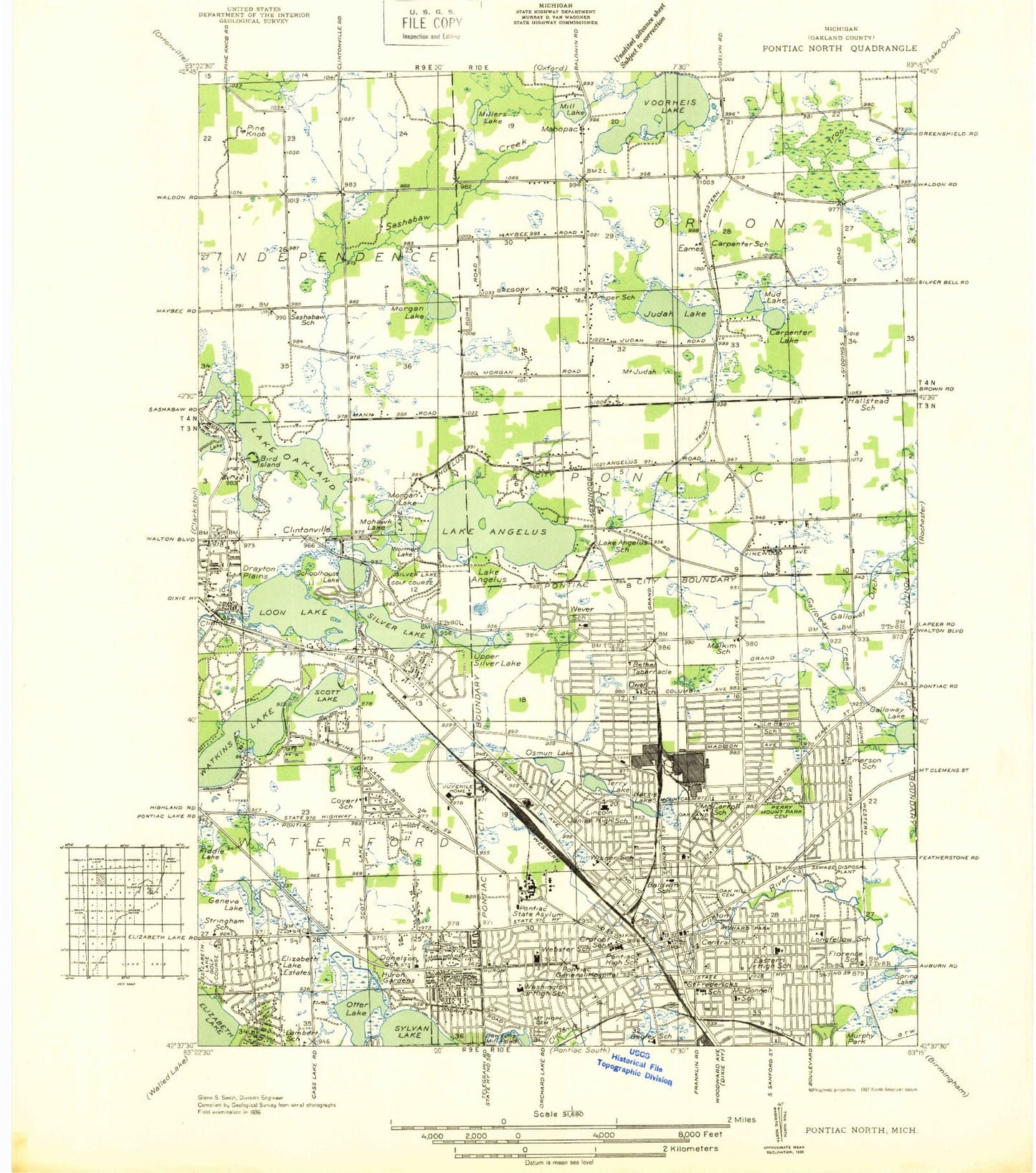Classic USGS Pontiac North Michigan 7.5'x7.5' Topo Map Image