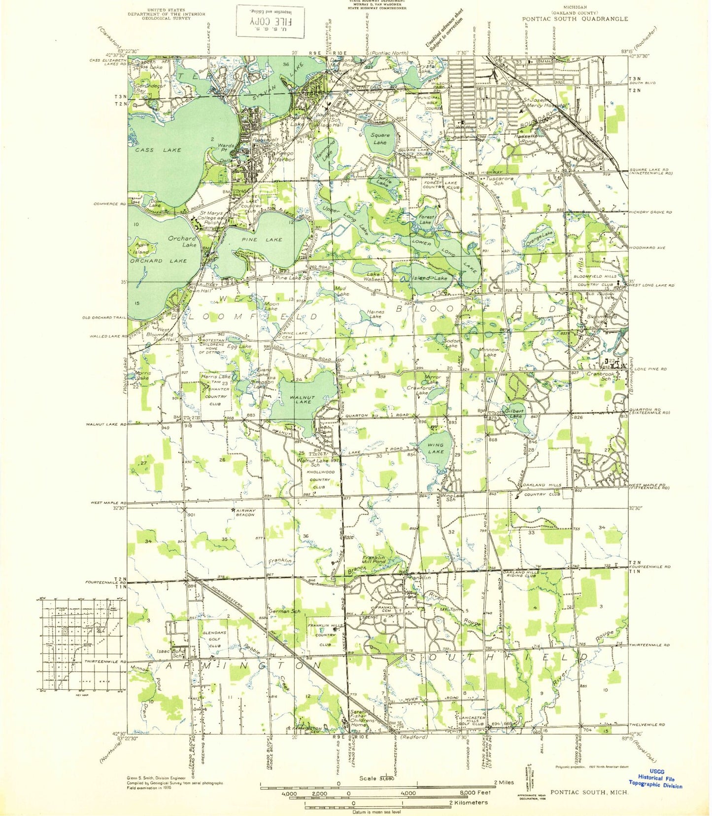 Classic USGS Pontiac South Michigan 7.5'x7.5' Topo Map Image
